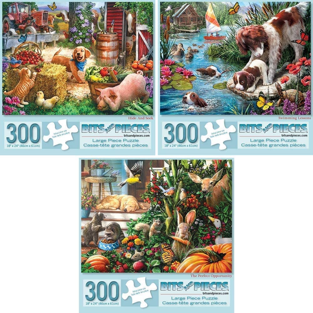 Bits and Pieces – Value Set of Three Large 300 Piece Jigsaw Puzzles for Adults – Puppy Collection Jigsaw Puzzles by Artist Larry Jones, Completed Puzzle Size: 18" x 24"