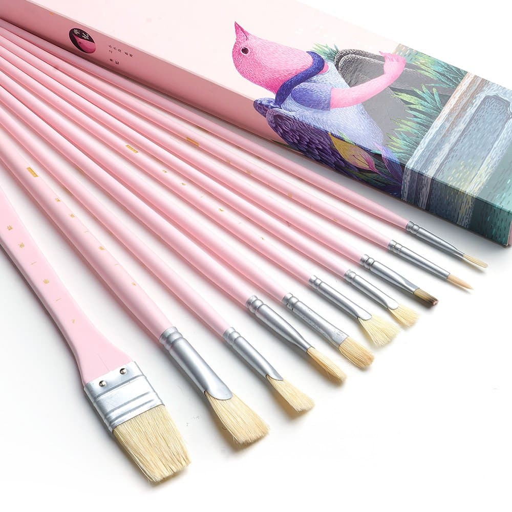 Miya Paint Brushes, 10 Pcs with Long Handle for Gouache, Acrylic, Oil, Watercolor Painting (Pink)