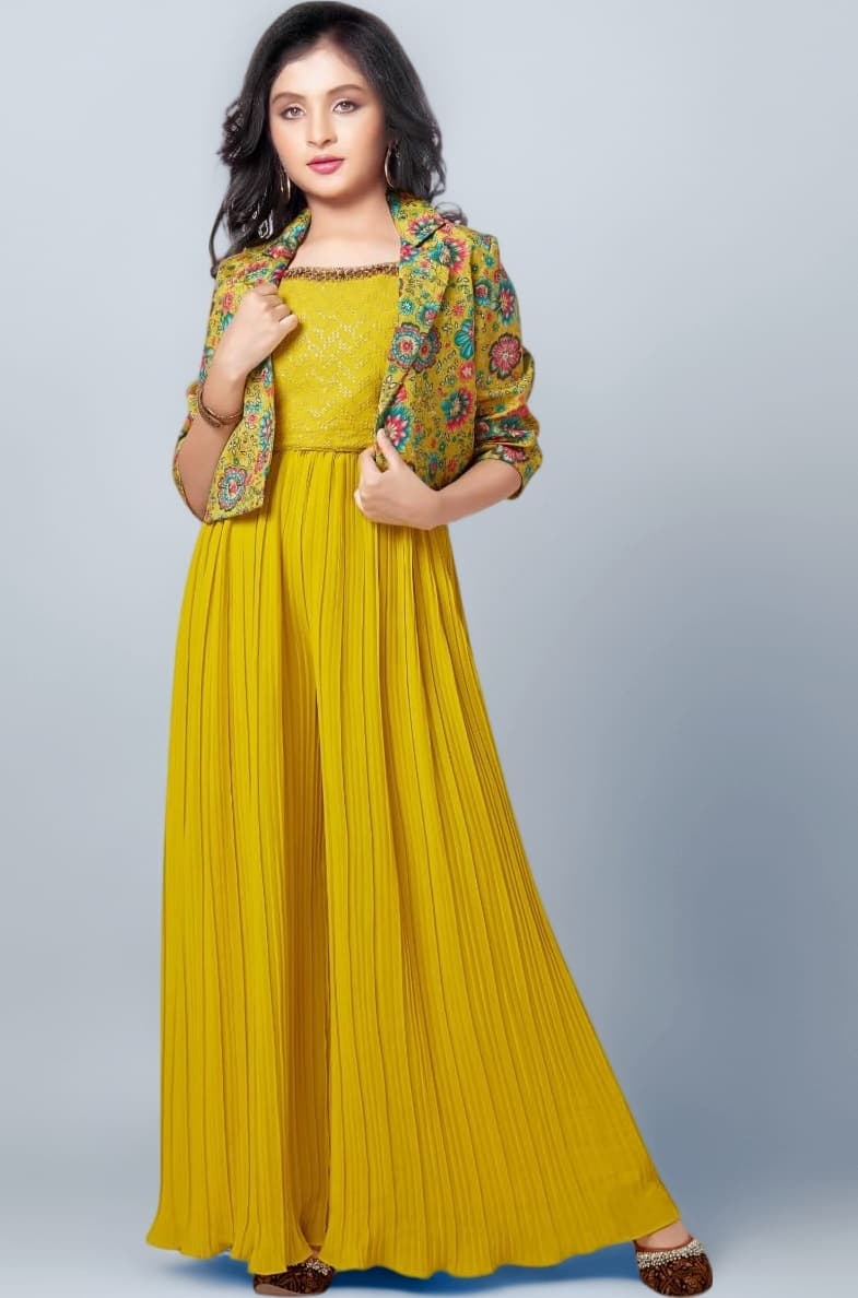 White Button new lemon sequence work with floral print jacket style indowestern palazzo set for girls