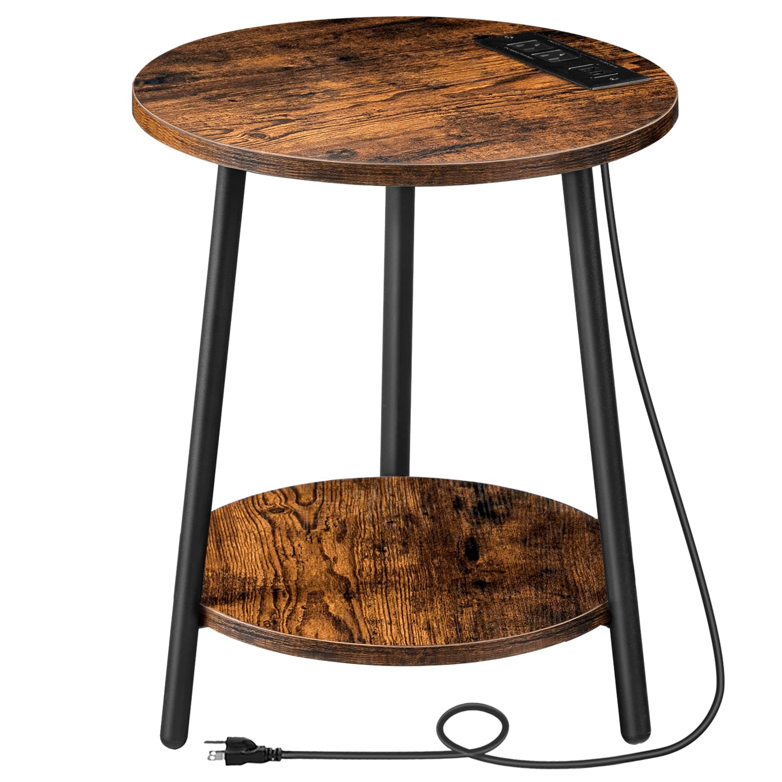 HOOBRO Round End Table with Charging Station, 2-Tier Small Circle Side Table, Round Accent Table for Living Room, Bedroom, Rustic Brown BF671BZ01