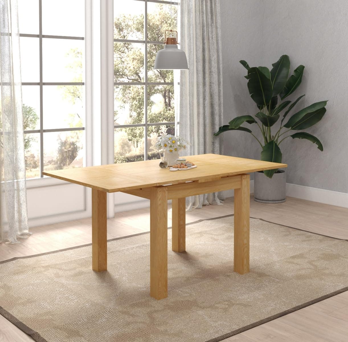 Hallowood Furniture Waverly Oak Small Extendable Dining Table, Rectangular Solid Wood Folding or Extending Table, Space Saver Design for Kitchens, Dining Rooms, or Lounge