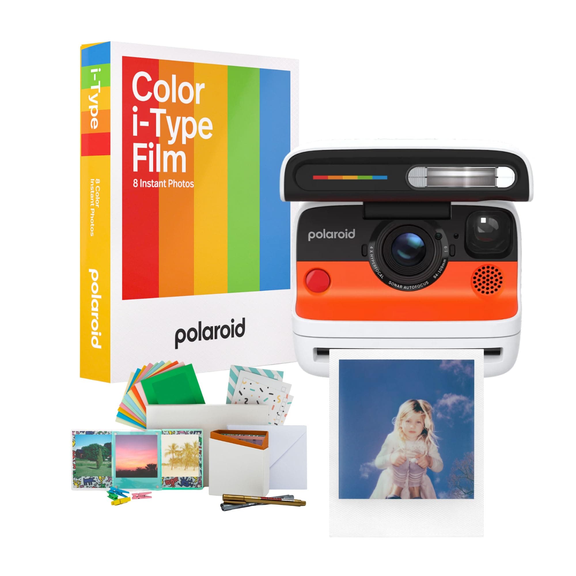 Flip Instant Camera with Sonar Autofocus, Retro Design (White) Bundle with Color Film and Film Kit (3 Items)