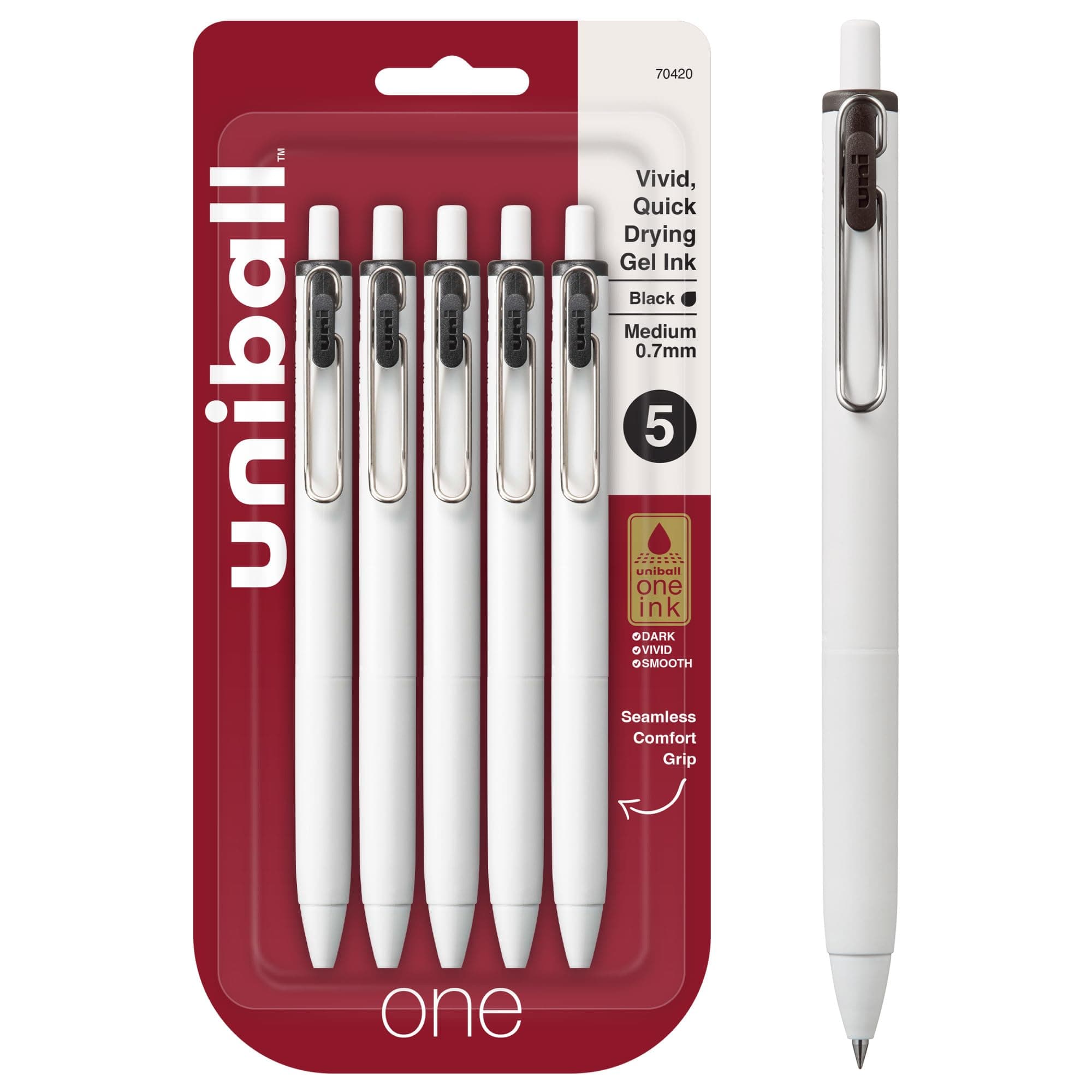 one Retractable Gel Pens, Medium Point (0.7mm), Black Ink, 5 Pack