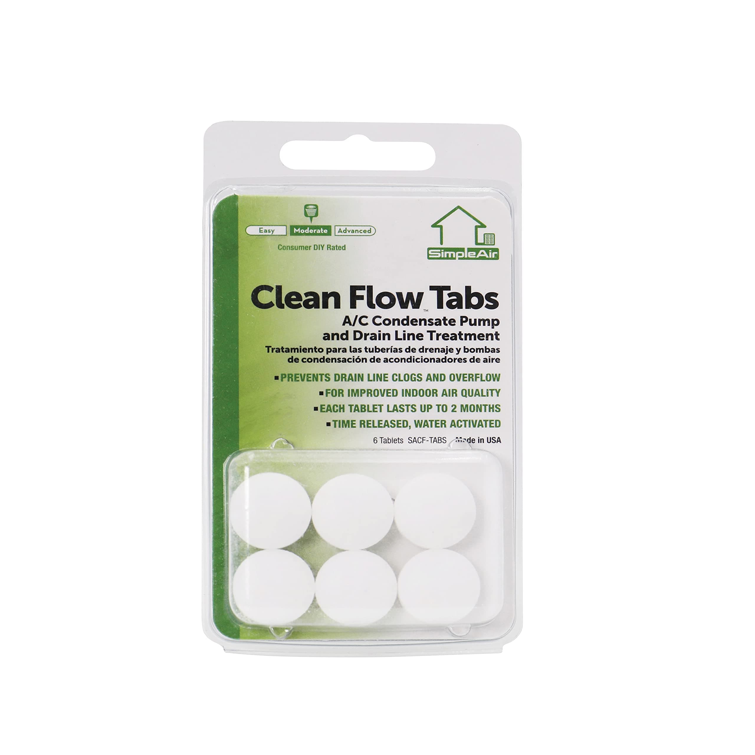 SACF Drain Line Clean Flow Tabs, for AC Units, HVAC Systems, Dehumidifiers, Condensate Drain Line Applications, 6 Count (1 Pack)