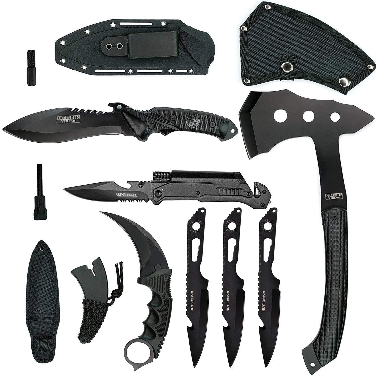 7pc Tactical Set Full Tang Fixed Blade Knife Multi Tool Pocket Knife Karambit Claw Knife Tomahawk Throwing Axe 3pc Throwing Knives Set | Holt Multi-Tool Key Chain