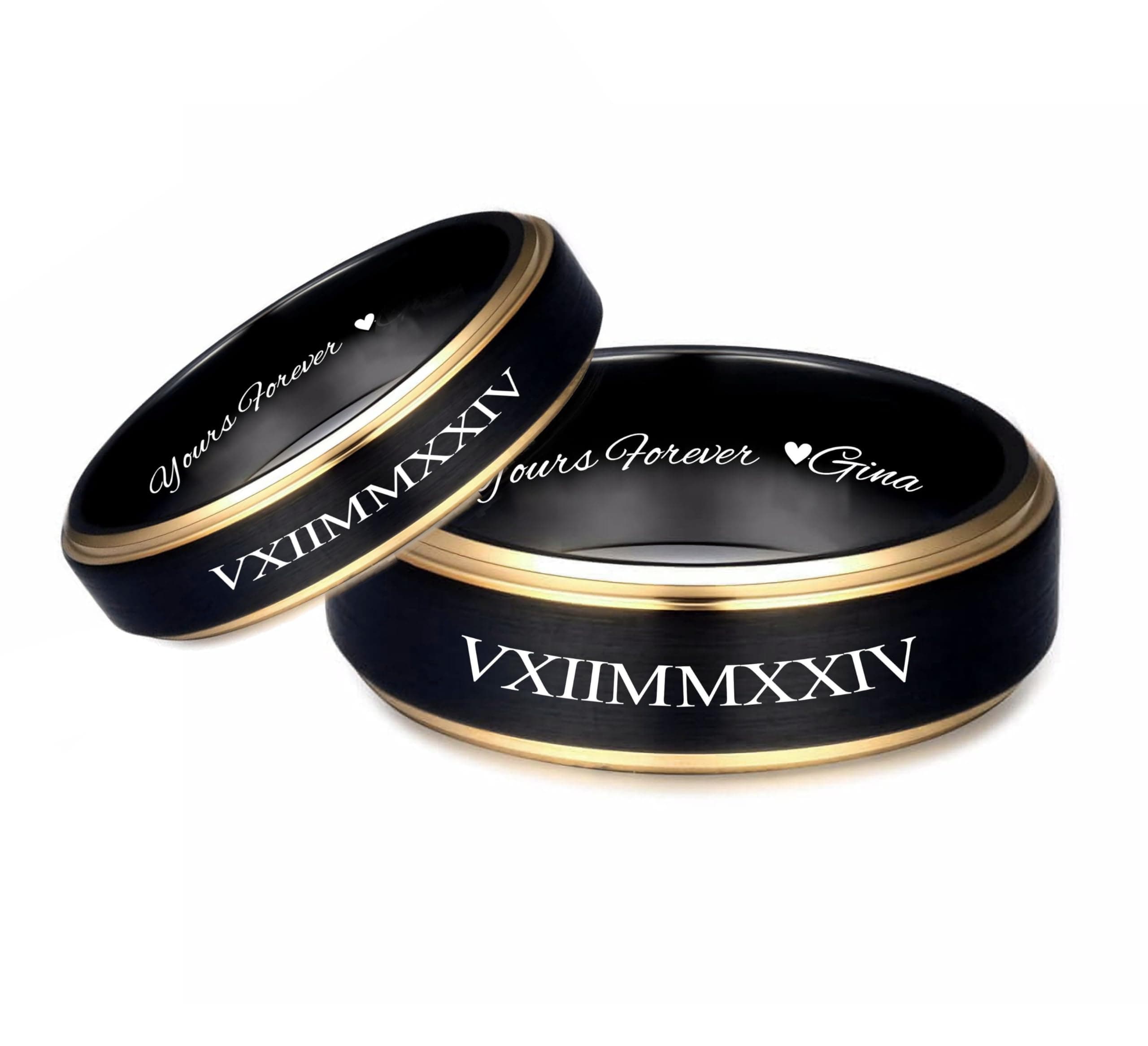 Personalized Black & Gold Ring Set Engraved Free - His & Hers Couple's Ring Set - Custom Wedding Bands | Free Engraving In Any Language - Ships from USA