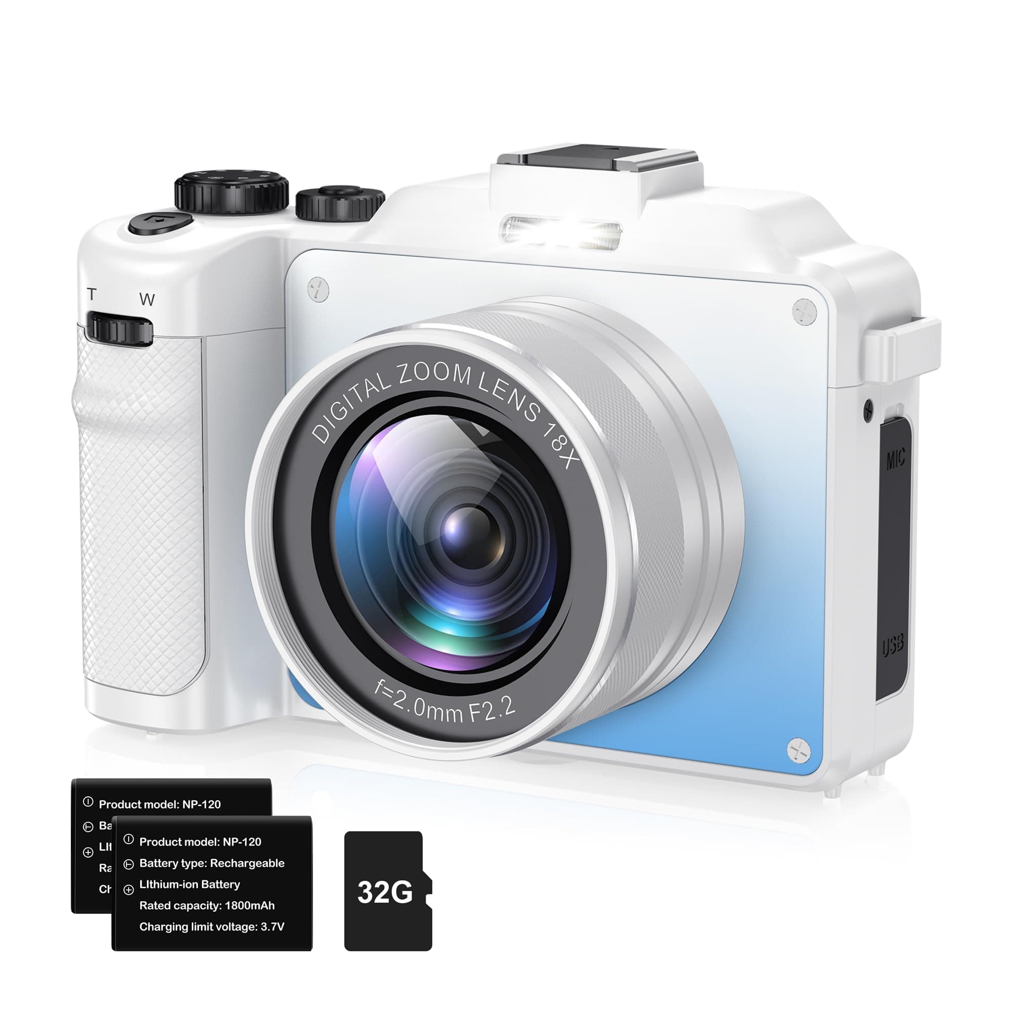 Cameras for Photography, 4K 48MP Vlogging Digital Camera for YouTube, Multi-Filters Point and Shoot Camera with WiFi, Auto Focus, 18X Zoom, 32G TF Cards, 2 Batteries for Beginners-White
