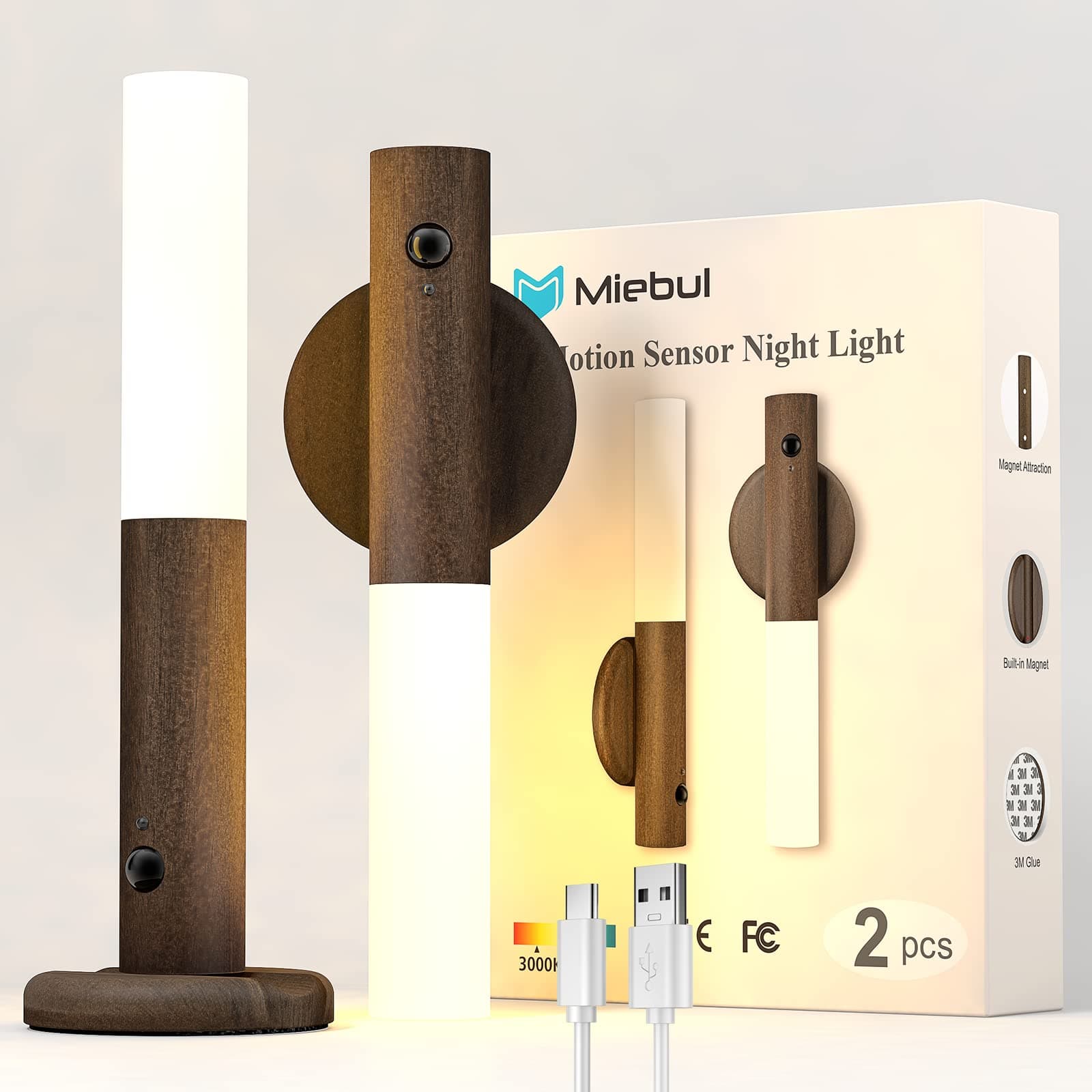 Miebul Motion Sensor Light Indoor, Magnetic LED Wall Lights Rechargeable Motion Sensor Night Light Wooden Wall Sconce for Bedroom Corridor Staircase (Walnut Wood 2PCS)