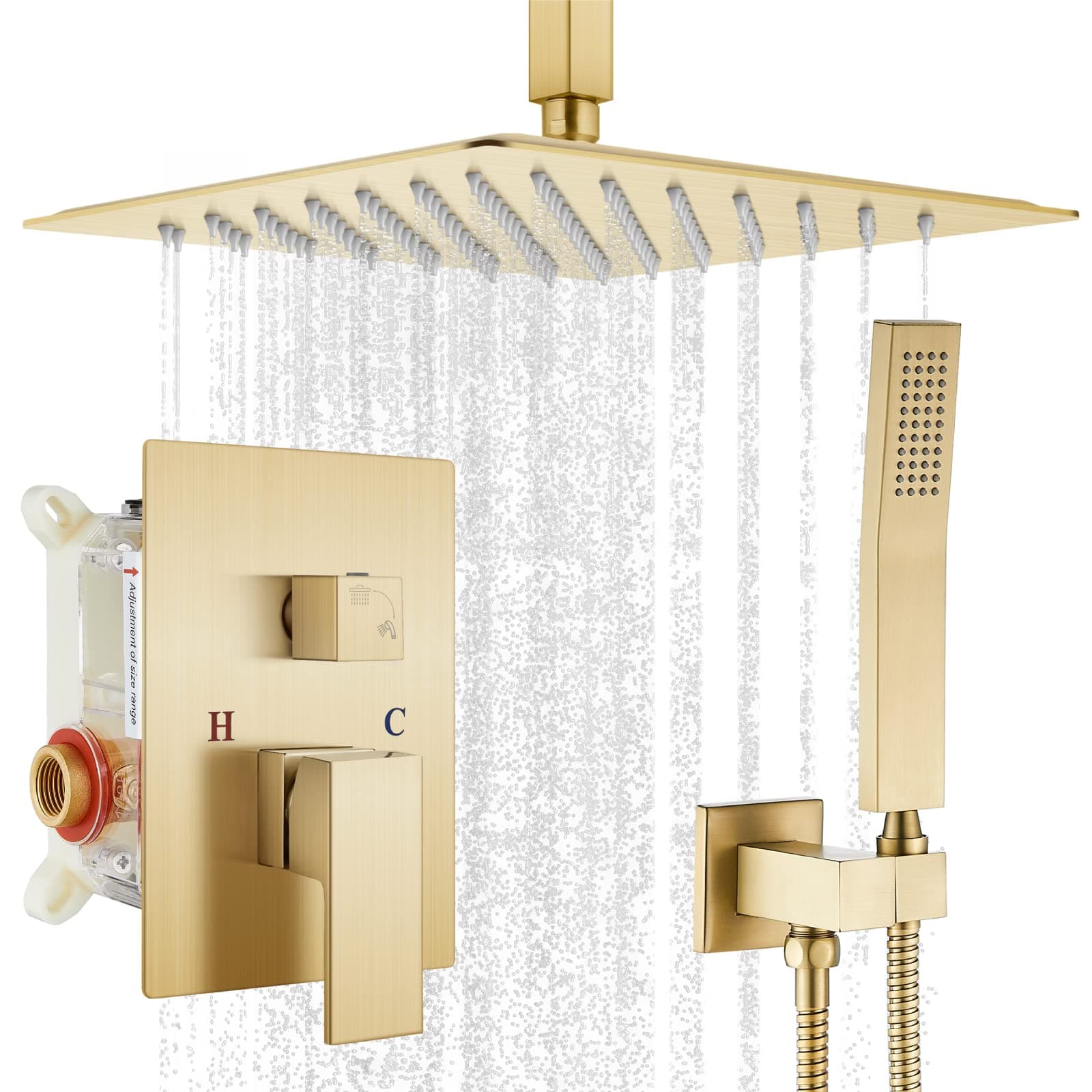 gotonovo Bathroom Rain Shower Combo Set Ceiling Mount with Handheld Spray High Pressure Luxury Mixer Trim Kit with Rough-in Valve 2 Function 12 inch Shower Head Brushed Gold