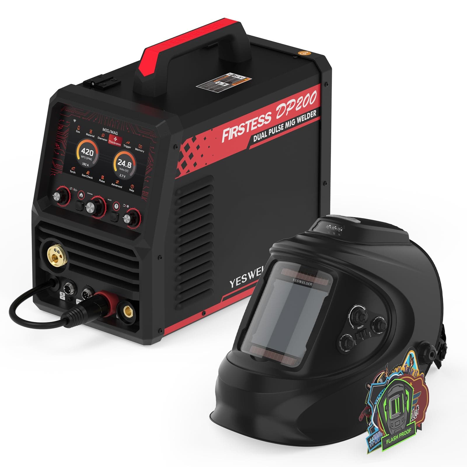 YESWELDER Firstess DP200 Dual Pulse Multiprocess Welding Machine & Auto Darkening Welding Helmet with Rechargeable Fan and Light
