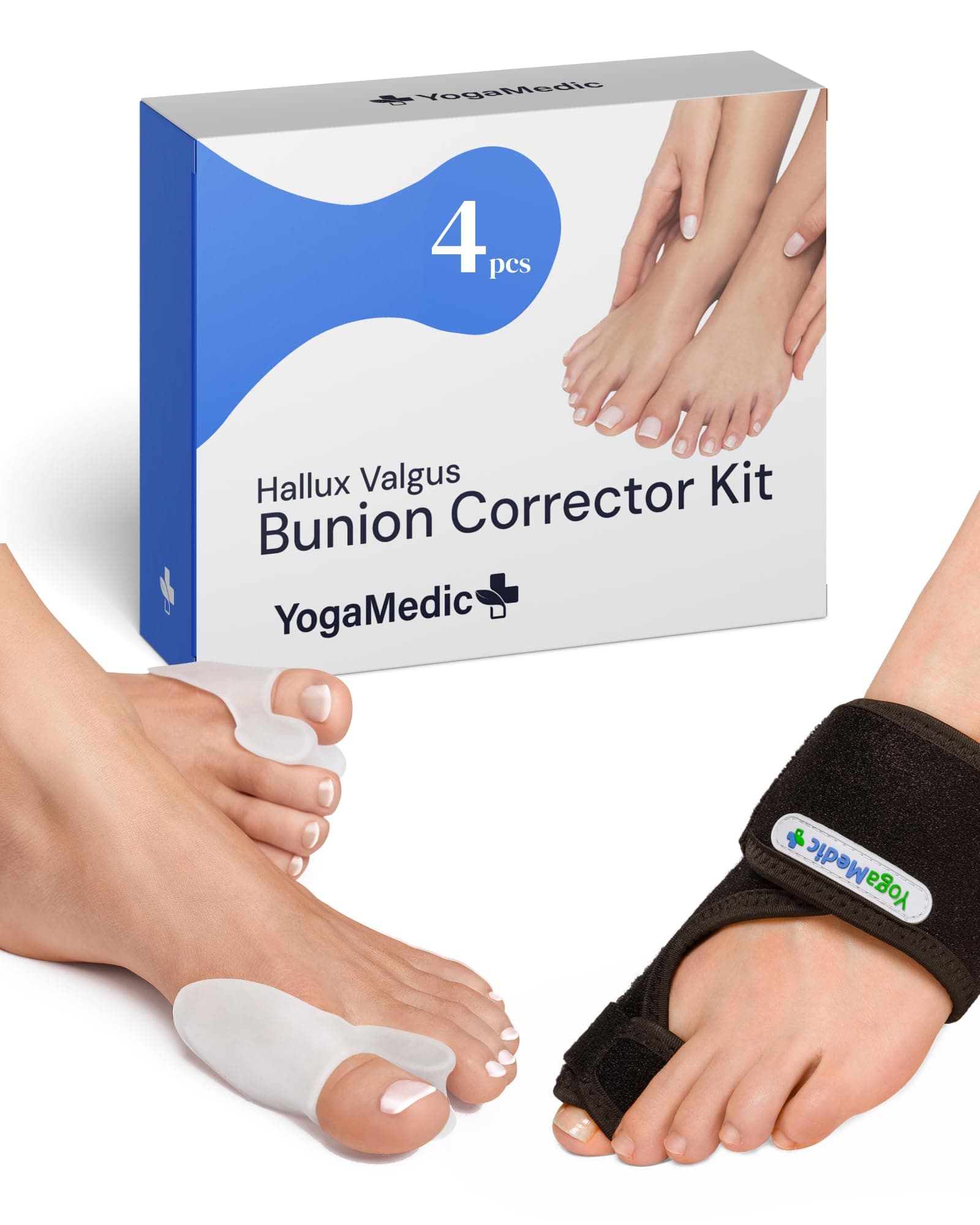 YogaMedic Bunion Correction Kit - 2x Bunion Corrector & 2x Adjustable Toe Splint - Toe Spacers, Corns Pain Relief - Separators for Overlapping Toes, Big Toes Straightener for Women & Men, Day & Night