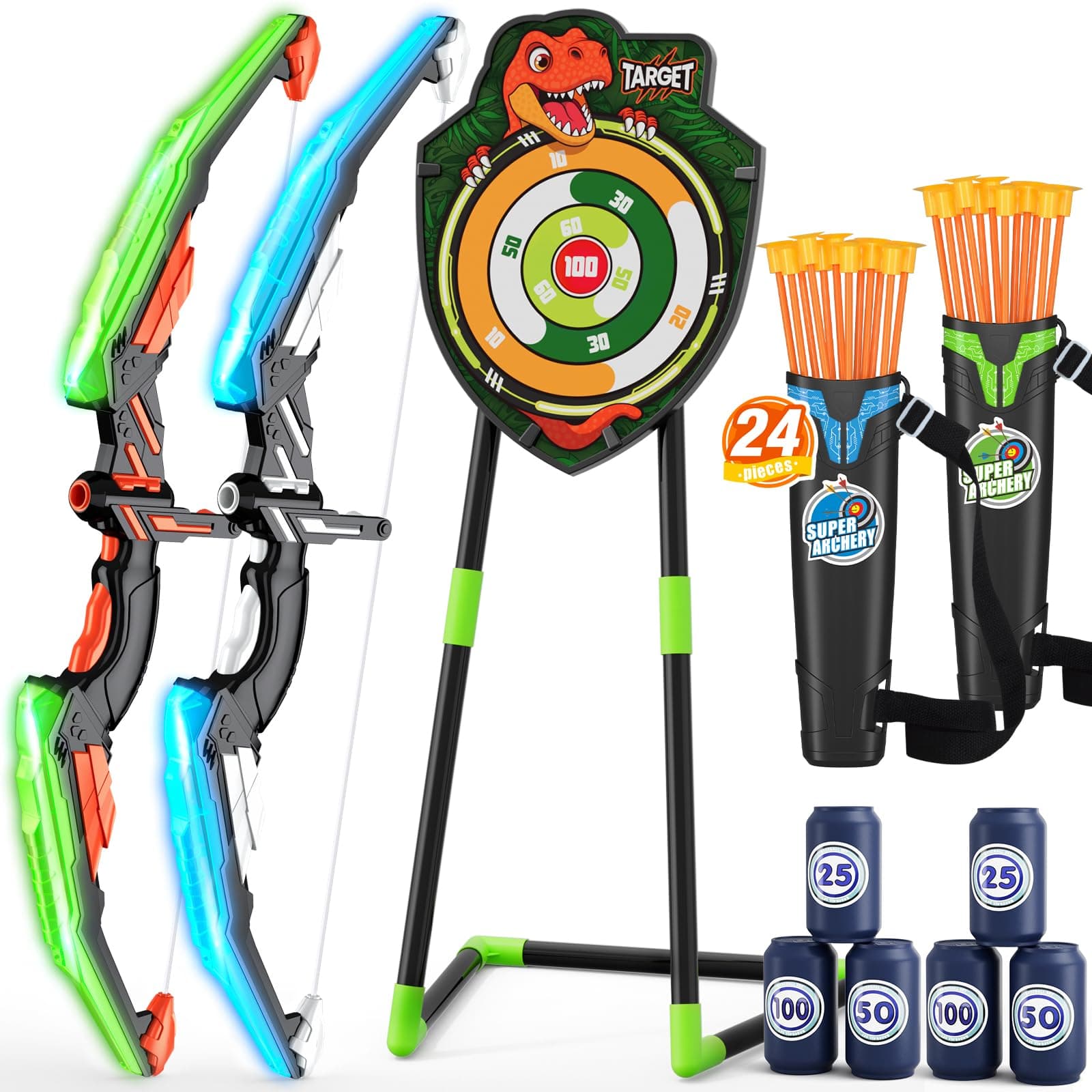 2 Pack Bows and Arrows for Kids, LED Light Up with 24 Suction Cup Arrows, 1 Standing Lens, 6 Scoring Targets and 2 Quiver, Indoor Outdoor Sports Gifts for Kids and