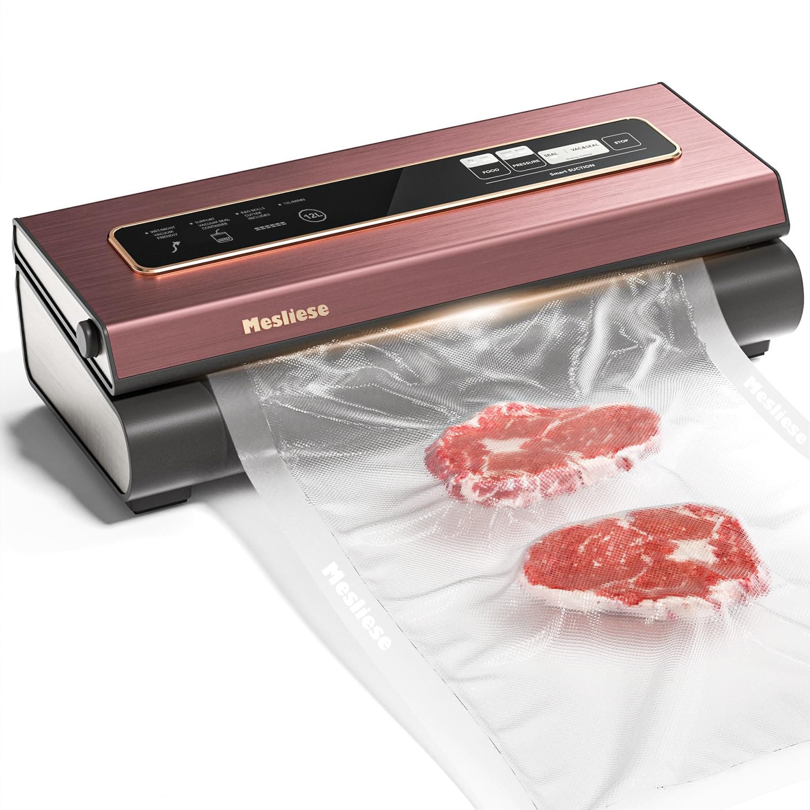 Vacuum Sealer Machine Powerful 90Kpa Precision 6-in-1 Compact Vacuum Food Preservation System Built-in Cutter, 2 Bag Rolls & 5 Pre-cut Bags, Dry&Moist Modes Smart Suction, ETL Listed (Pink)