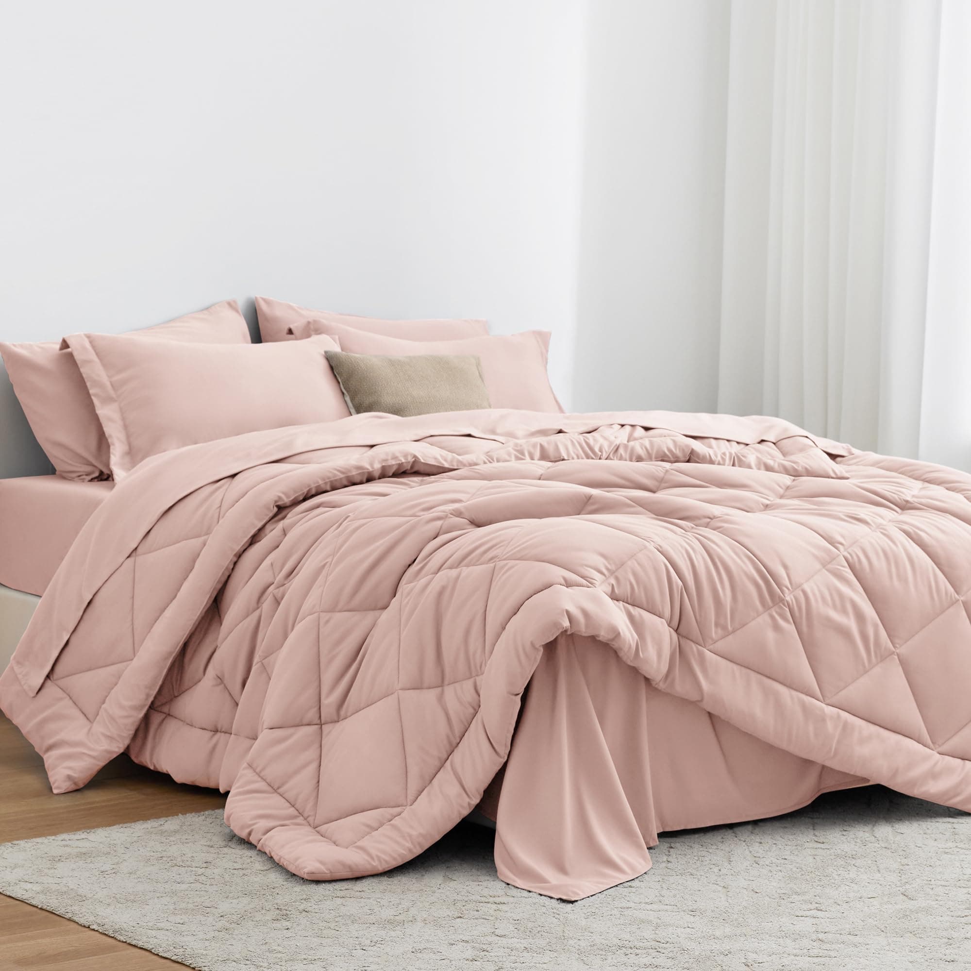 Full Comforter Set Pink, 7 Pieces Full Bed in a Bag, All Season Bedding Sets with 1 Comforter, 1 Flat Sheet, 1 Fitted Sheet, 2 Pillowcase and 2 Pillow Sham