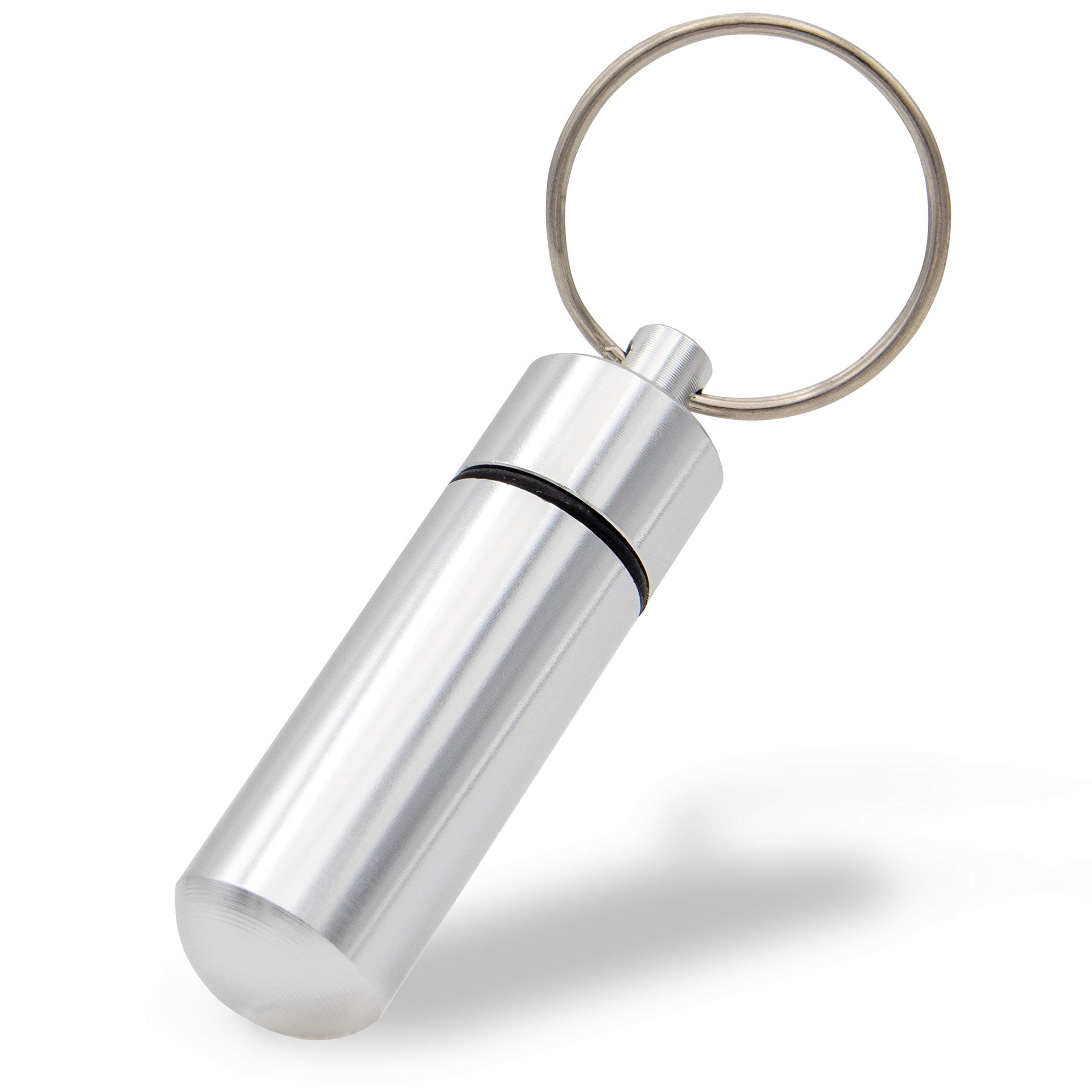 Aribari Mini Aluminium Pill Box with Key Ring. Waterproof Tablet Box. Emergency Capsule. Gift tag or Address tag. Also for Pet ID. Length 5,2 cm ø 1,4 cm (Silver 1 Piece)
