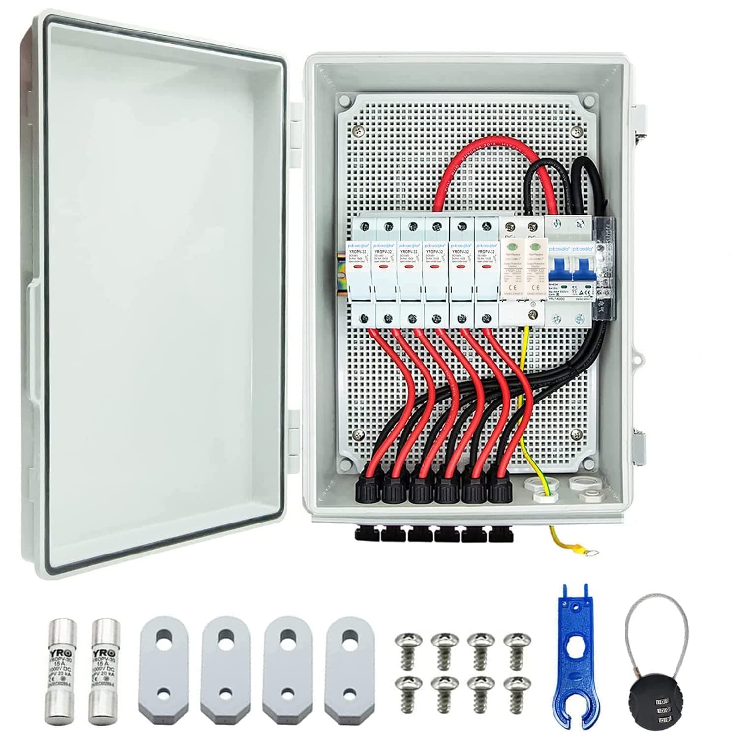 - Pikasola PV Combiner Box, 6 String Solar Combiner Box with 15A LED Fuse, Lightning Arreste and 63A Air Circuit Breaker,Combiner Box for Solar Panel On/Off Grid System, IP65 Water Resistant
