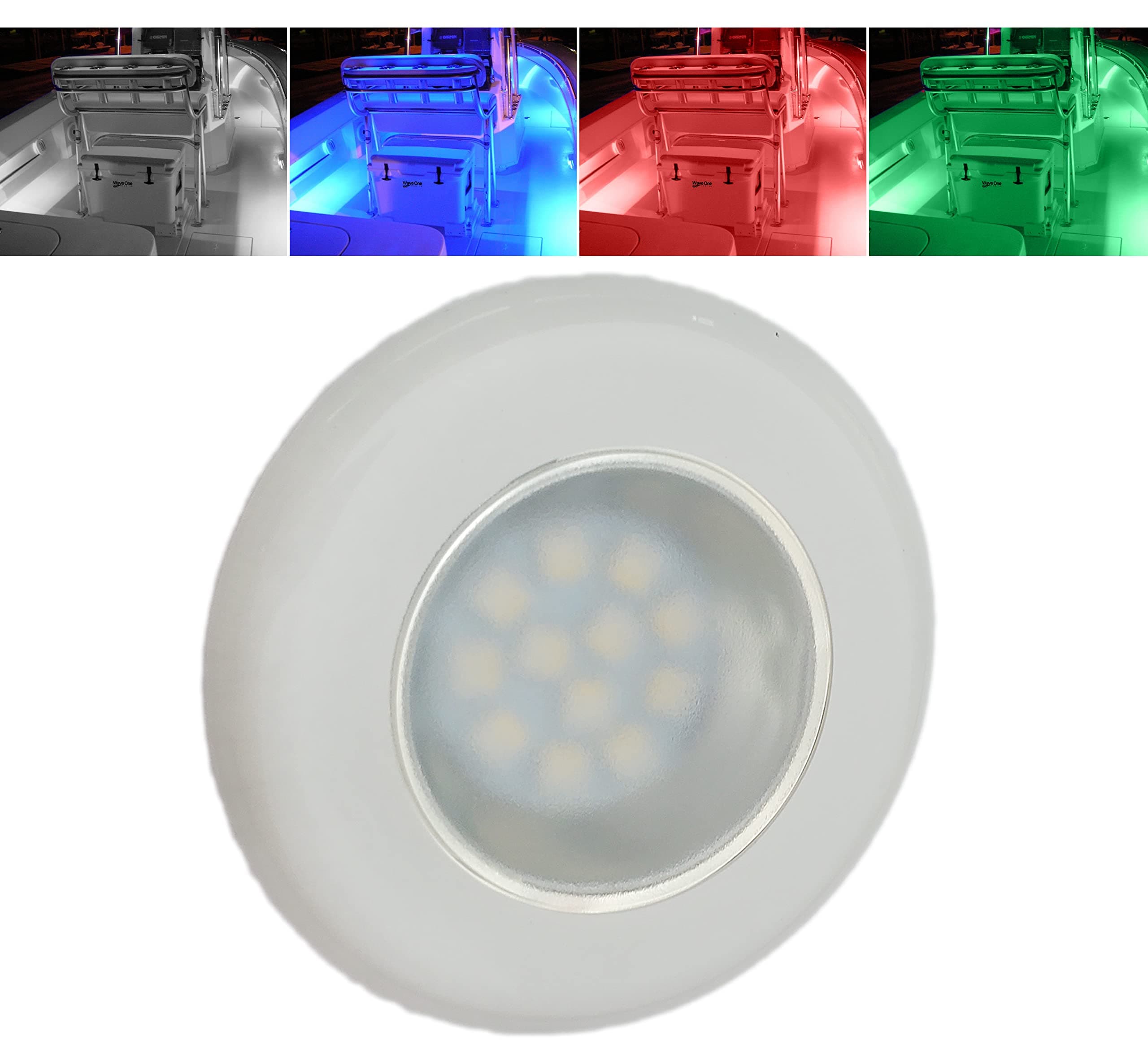 Wave One Marine FLUSH Mount 3" RGBW Internal Driver LED Courtesy Boat Light | RV Accent | Interior Exterior Deck Transom Cockpit T Top | Waterproof IP67 (White Bezel)