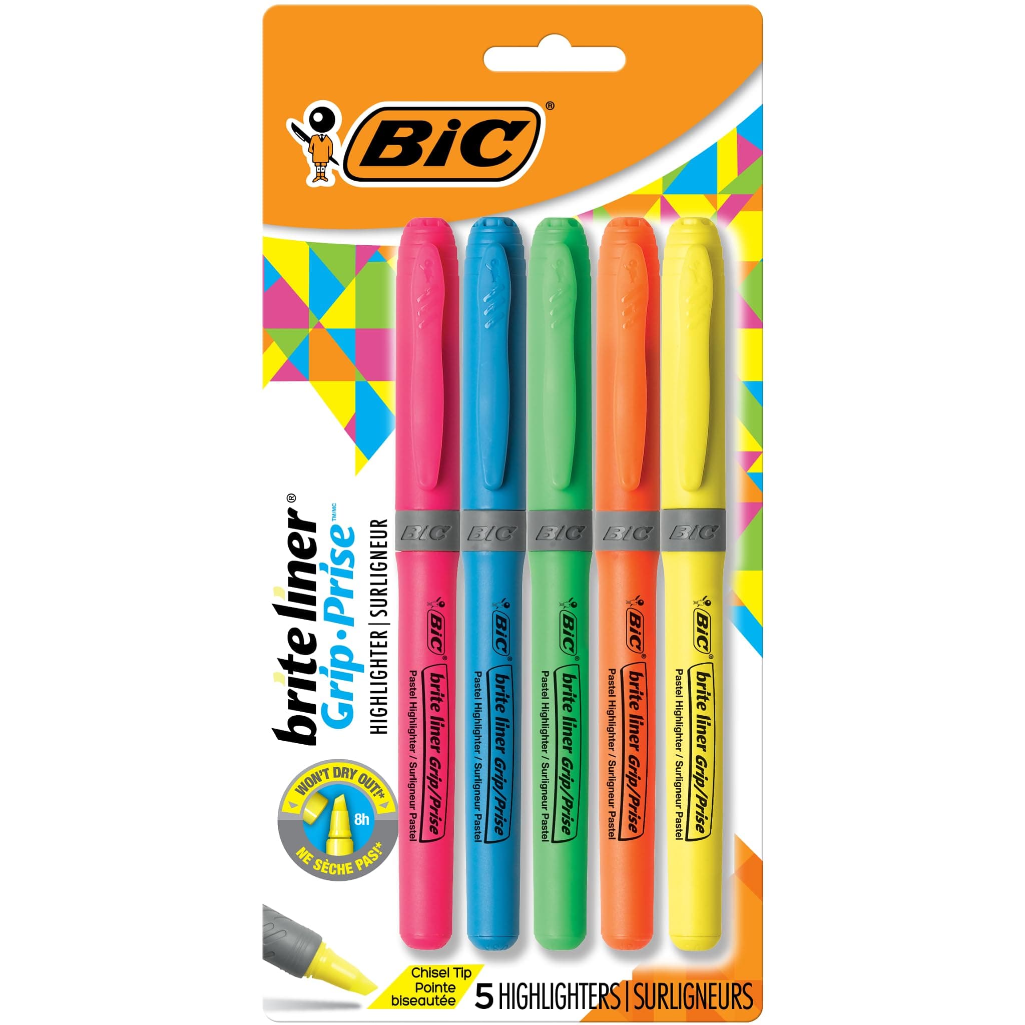 BIC Brite Liner Grip Highlighter, Chisel Tip (1.6 mm), Assorted Colors, For Broad Highlighting & Fine Underlining, 5-Count