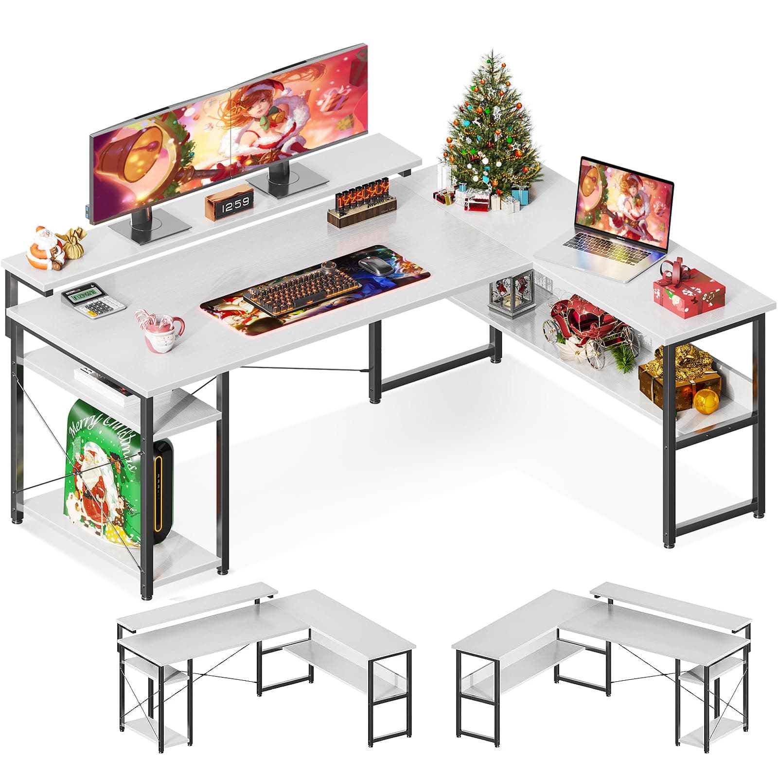 ODK L Shaped Computer Desk, 61" Reversible L Shaped Desk, Corner Computer Desk with Storage Shelves & Monitor Stand, Home Office Desk, Gaming Desk, Corner Desk, Writing Desk, White