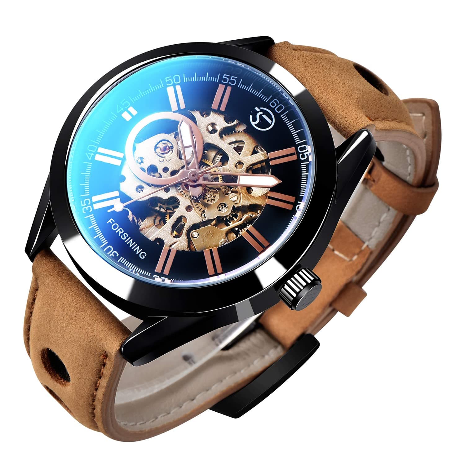 Automatic Watch for Men, Mens Skeleton Automatic Mechanical Wrist Watch Analog Casual Sport Brown Leather Clock, 24 x 2 x 1.4 cm, strap