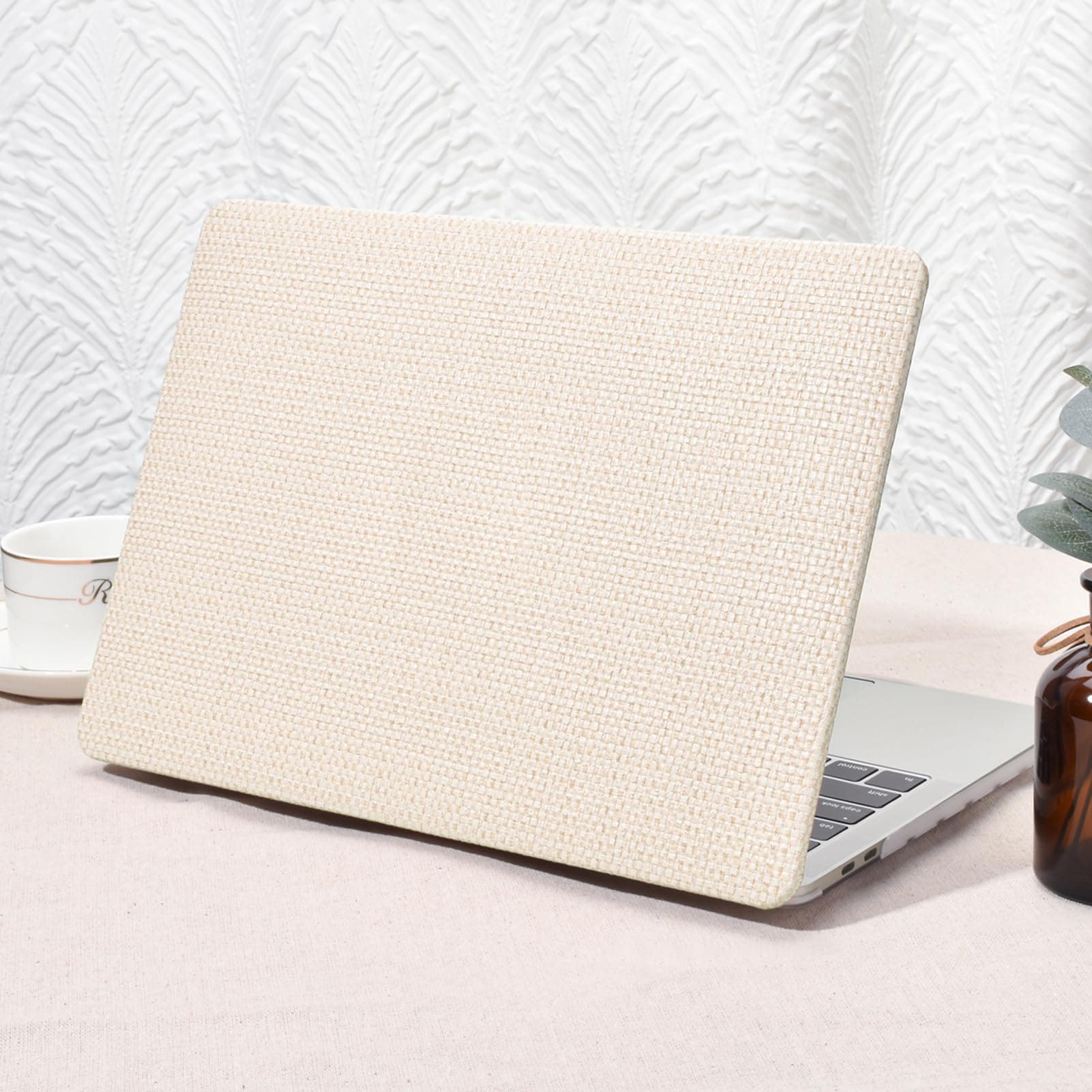 Compatible with MacBook Pro 13 inch Case M2 2023-2021-2016 A2338 M1 A2251 A2289 A2159 A1989 A1708 A1706,Elegant Leather Plastic Hard Shell with Keyboard Cover,Beige Woven Fabric No Logo Cutout