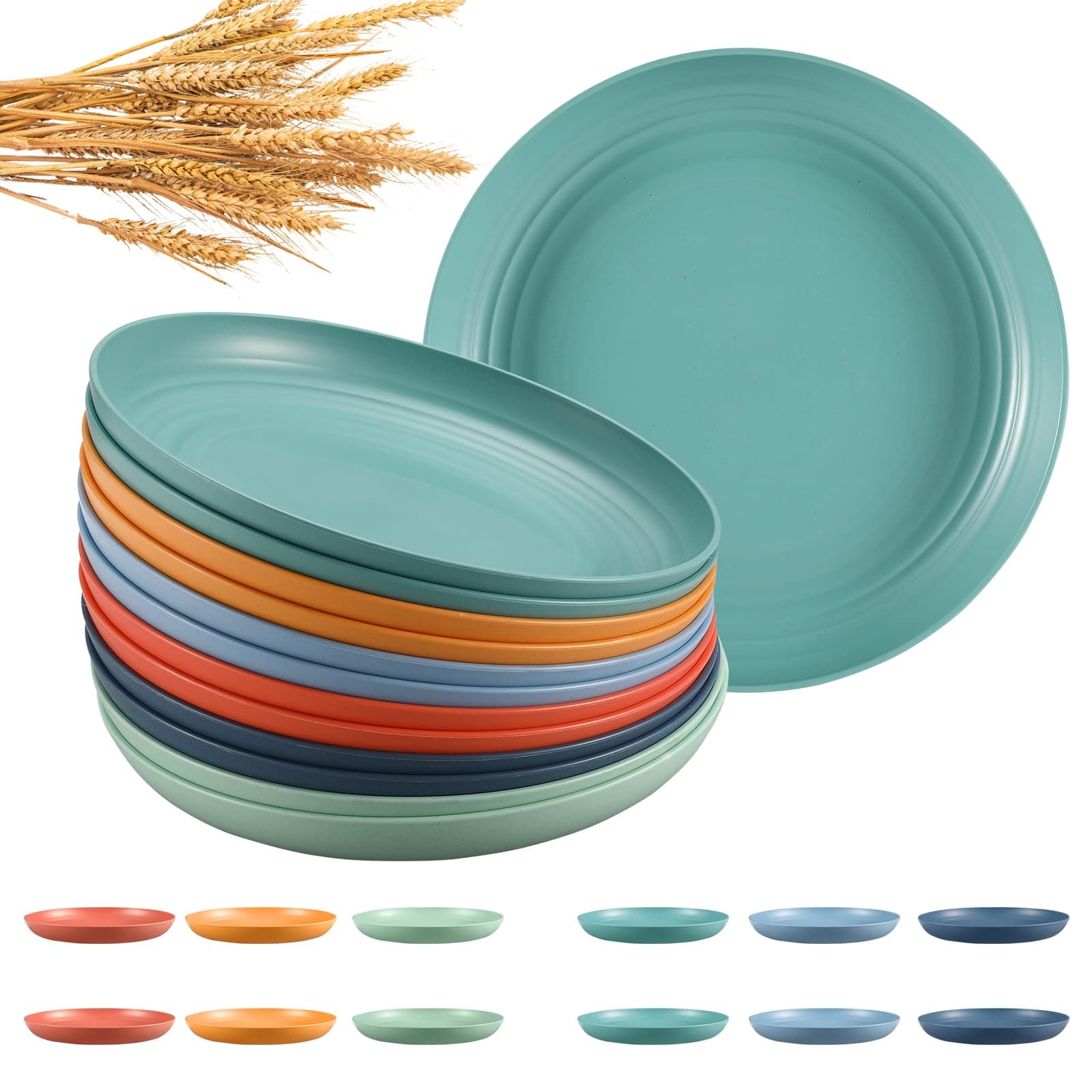 12 Pcs Wheat Straw Plates, 9.8 inch Unbreakable Dinner Plates Set, Reusable Hard Plastic Plates, Microwave and Dishwasher Safe Plates for Kitchen, Premium Plates for Camping, Salad, BPA Free,6 Colors