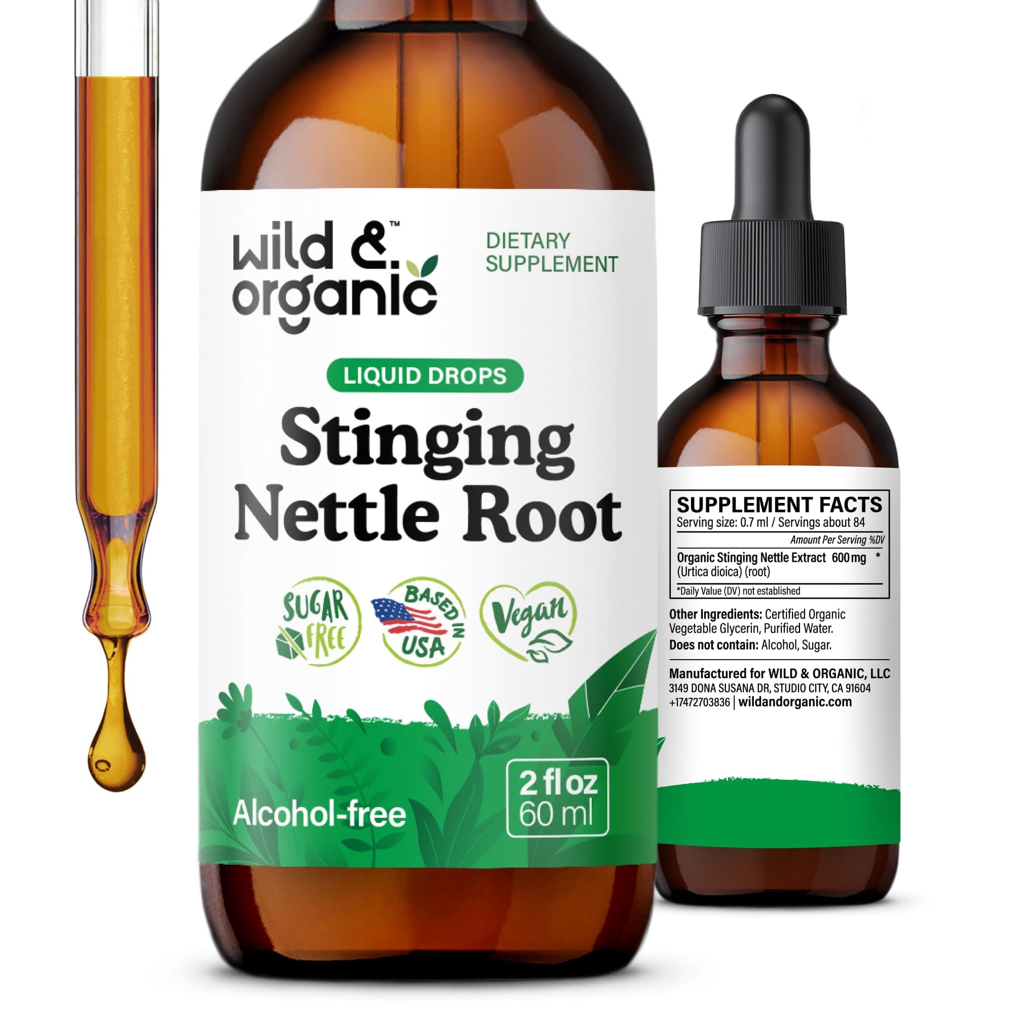 Wild & Organic Stinging Nettle Root Extract Drops - Urinary Support - Stinging Nettle Supplement - Add to Tea Herb - Liquid Urtica Dioica Supplement - Vegan, Sugar & Alcohol-Free Tincture - 2 fl oz