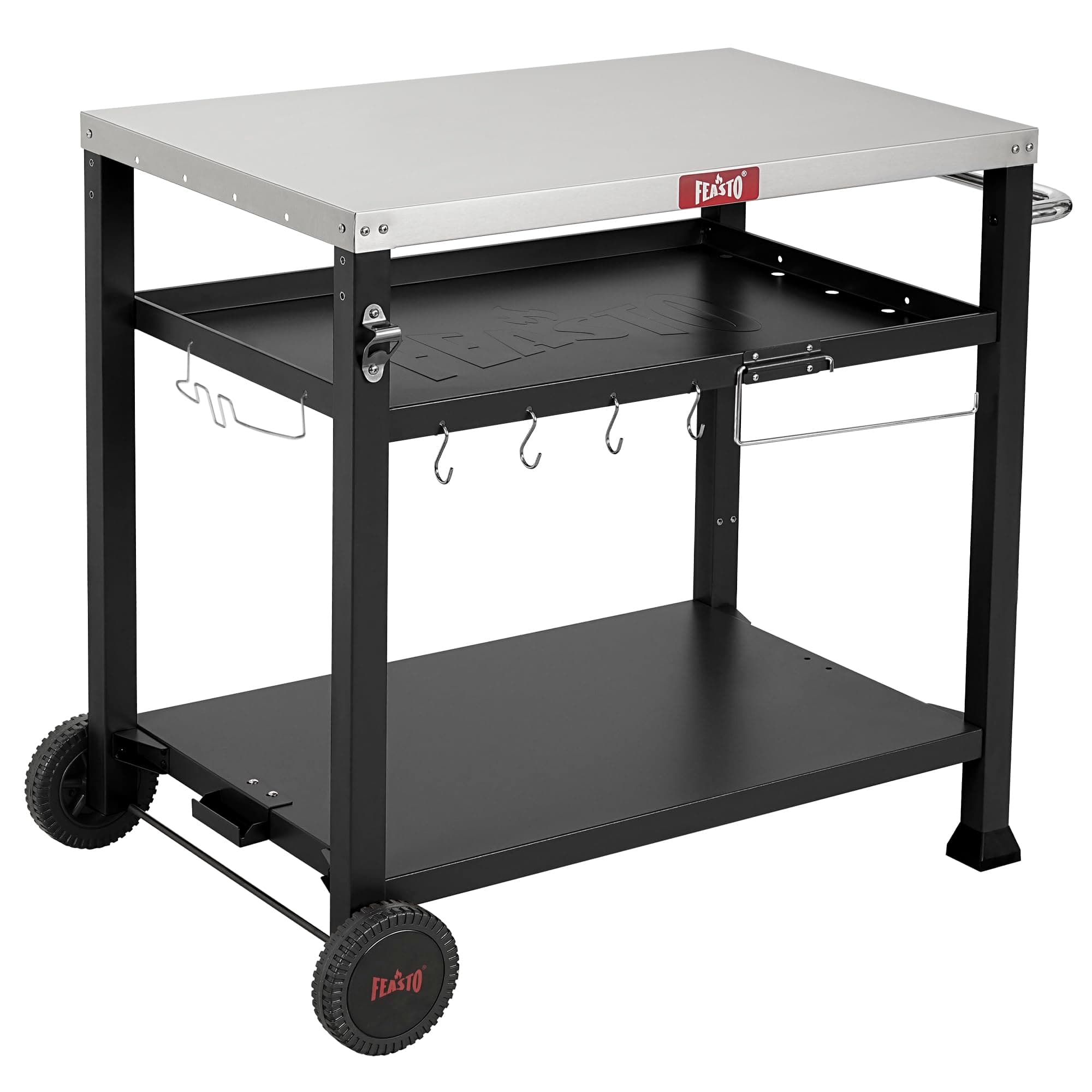 3-Shelf Pizza Oven Table with 33.5" x 21.7" Stainless Tabletop, Outdoor Grill Cart with Tank Hook for Pizza Ovens & Griddles, Heavy-Duty Prep Station for Pizza, Patio BBQ and Deck Parties