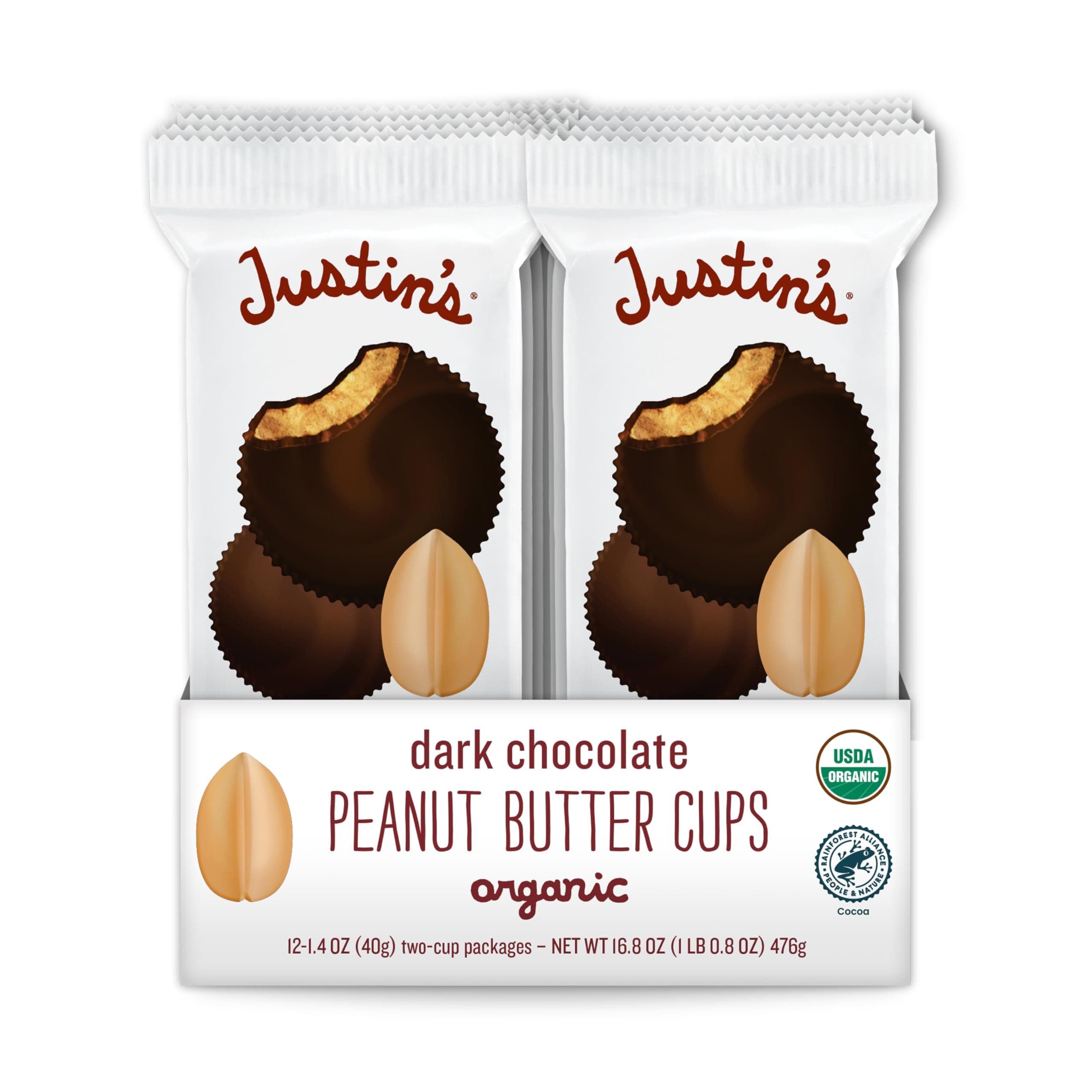 - JUSTIN'S Organic Dark Chocolate Peanut Butter Cups, 12 Pack (2 cups each)
