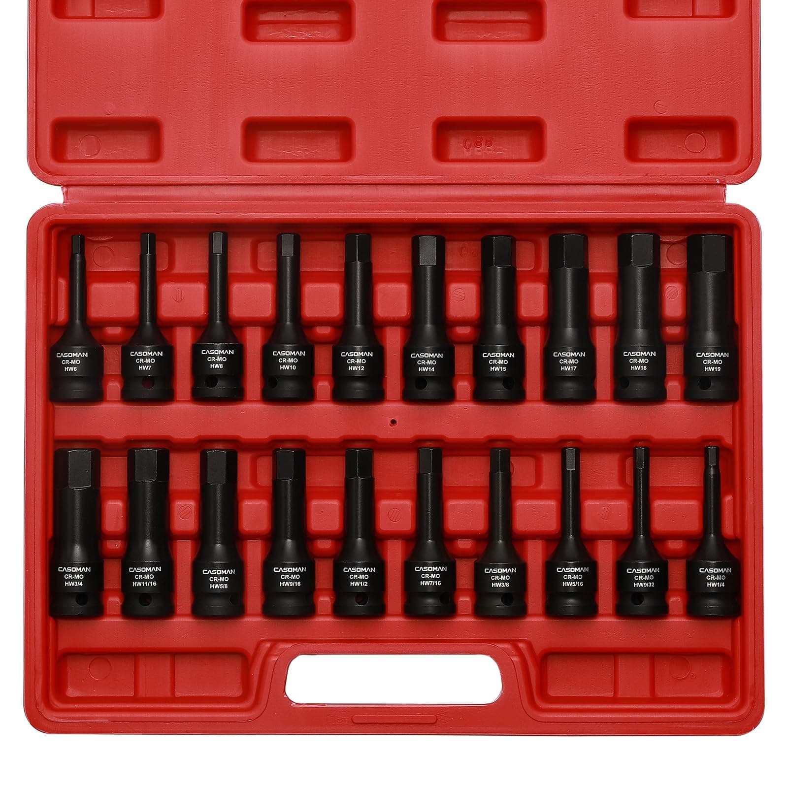 CASOMAN 1/2" Drive Master Impact Hex Bit Set, Hex Driver, SAE/Metric, 1/4" - 3/4", 6mm - 19mm, Cr-Mo Steel,Impact Grade, One-Piece Construction, 20-Piece 1/2" Drive Allen Bit Socket Set