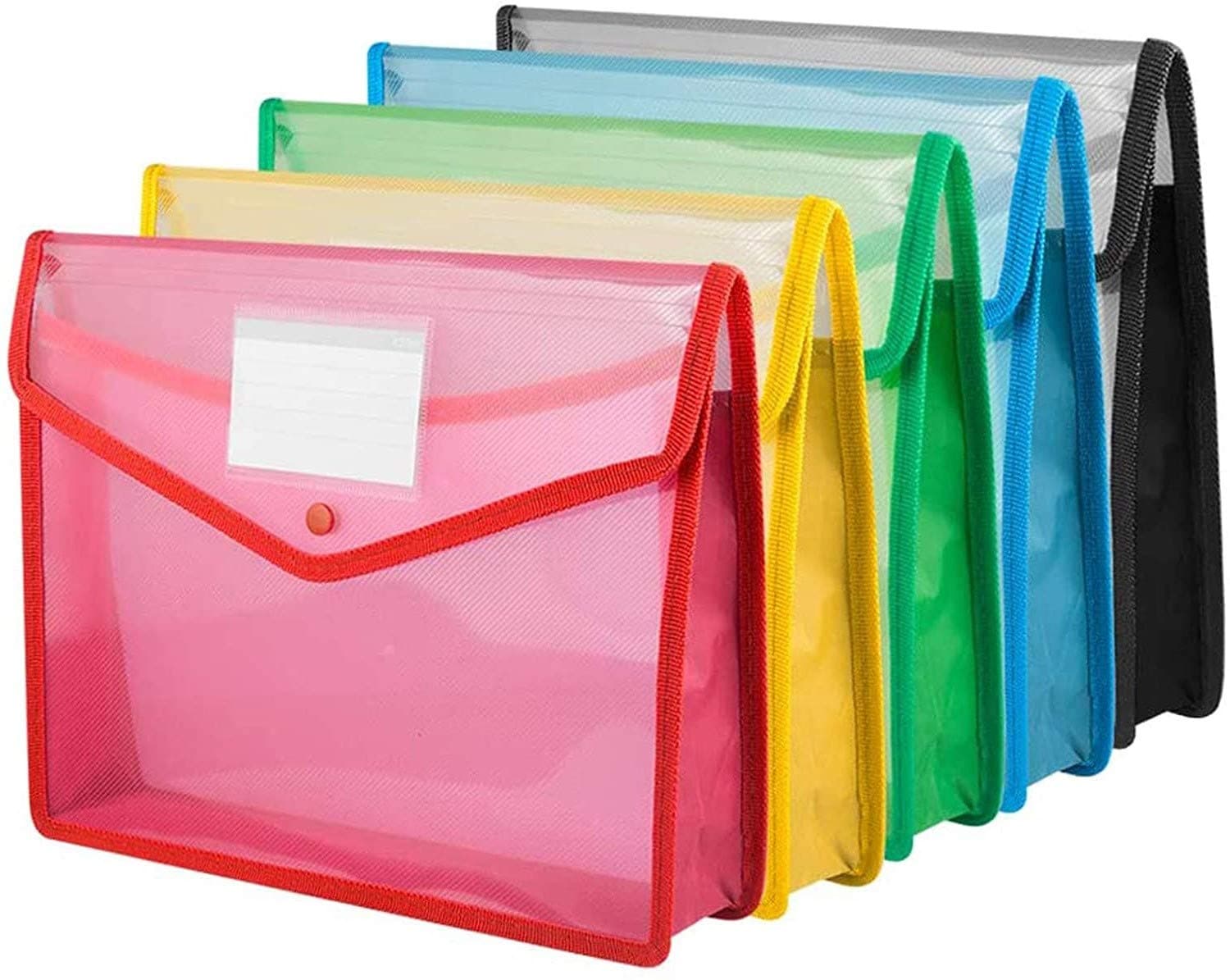 KAHEIGN 5Pcs Plastic Wallets, A4 Clear Popper Wallet Large Capacity Document Folder Pockets Files Envelope with Snap Closure and Pocket for School Office Home (5 Colors)