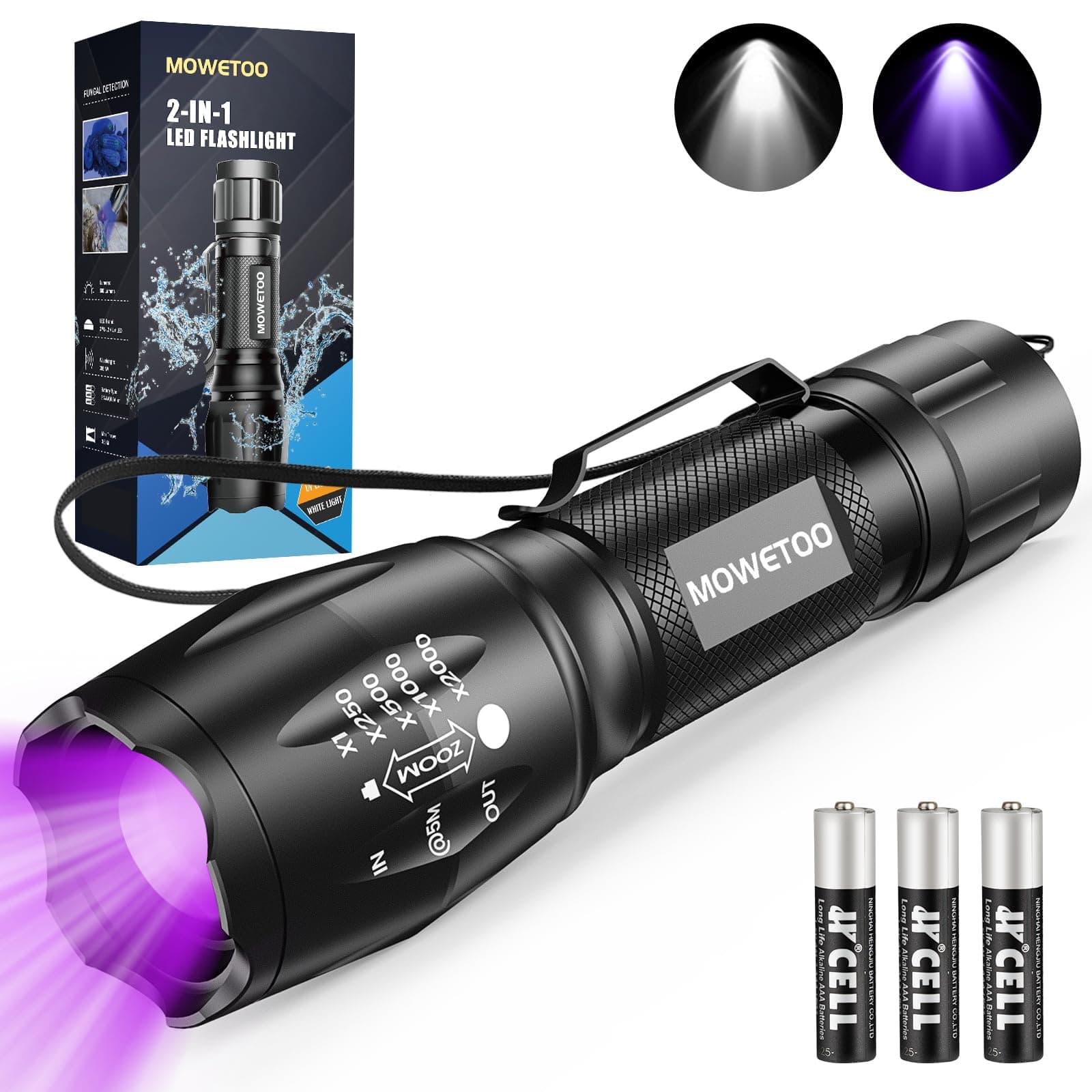 MOWETOO UV Torch LED Torch 2 in 1 Black Light with 4 Modes Waterproof 395nm UV Light Super Bright 500lm for Inspection Pet Urine Detecting Camping Including Accessories 3 AAA Batteries, LE-8613d