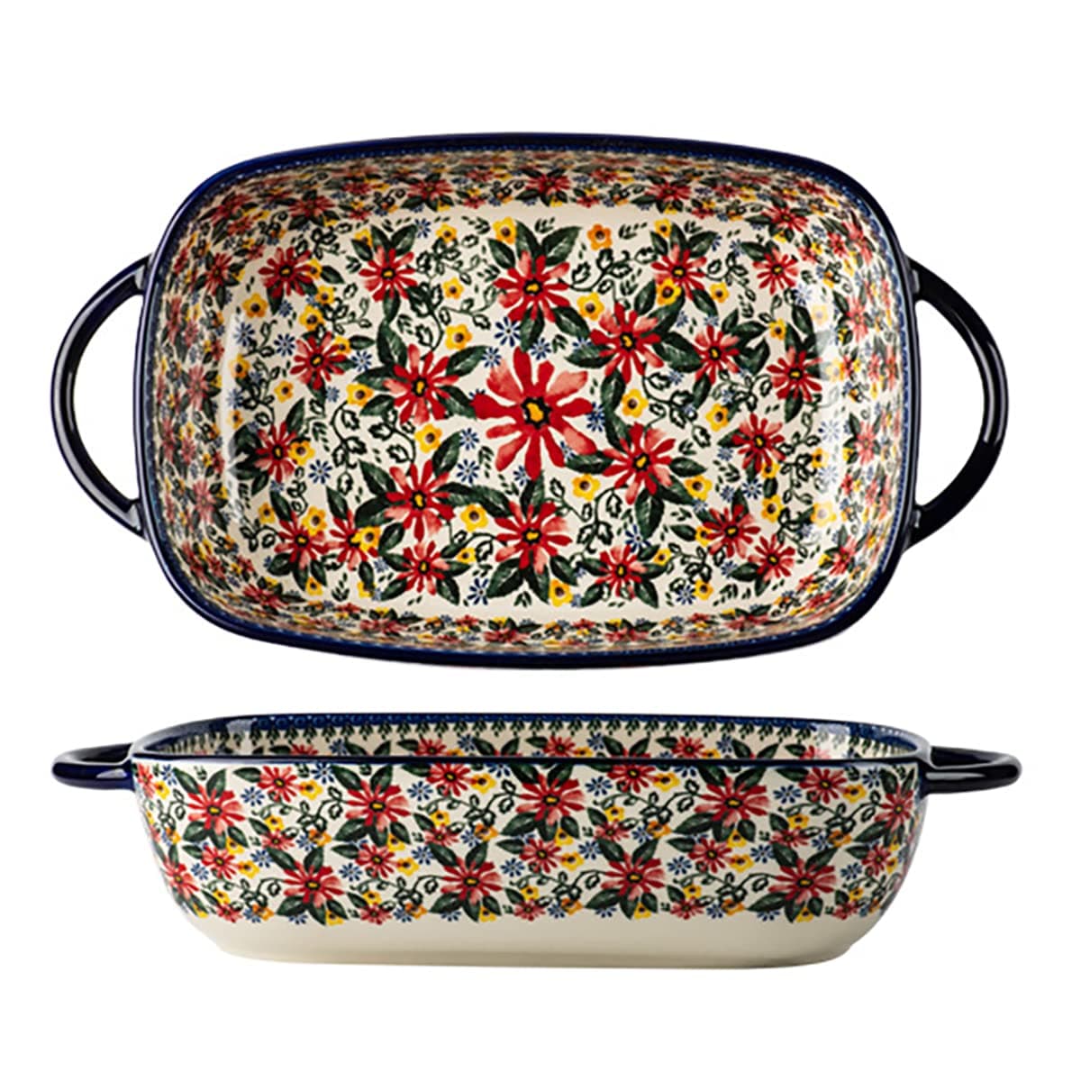 Red Daisy Flower Vintage Style Ceramic Bakeware Casserole Dish Baking Pan Lasagna Pans Baking Dish with Handles for Oven/Cooking/Kitchen-1 PCS, 60 OZ