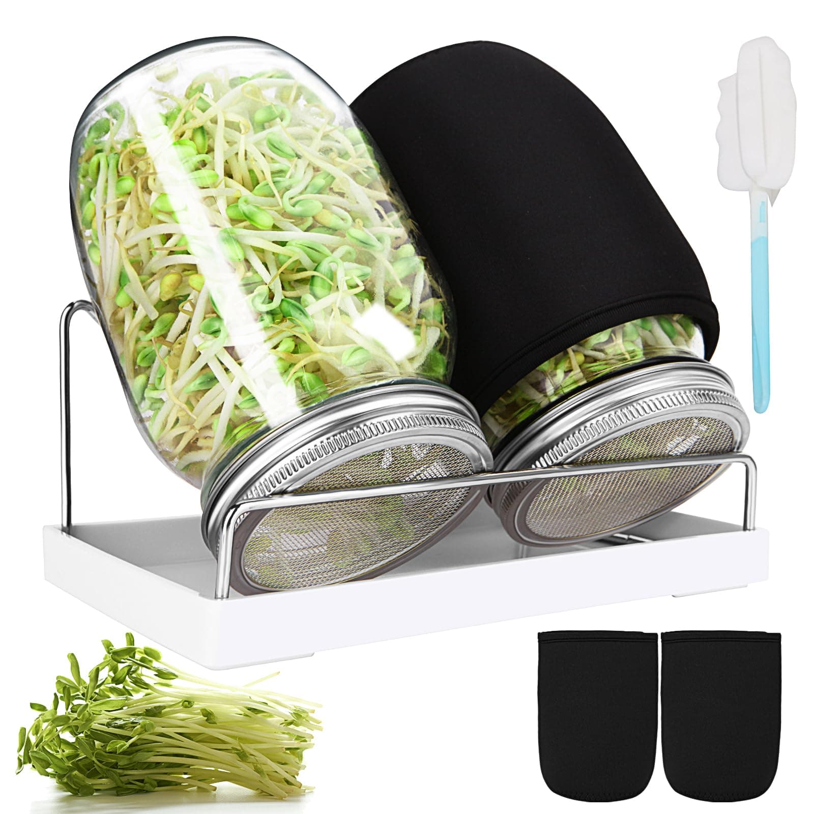 Sprouting Jar Kit, 32 OZ 2 Large Wide Mouth Mason Jars with Sprout Lids, Premium Canning Lids, Blackout Sleeves, Tray ,Stand & Canning Brush - Sprouting Kit for Growing Broccoli, Mung Bean, Alfalfa