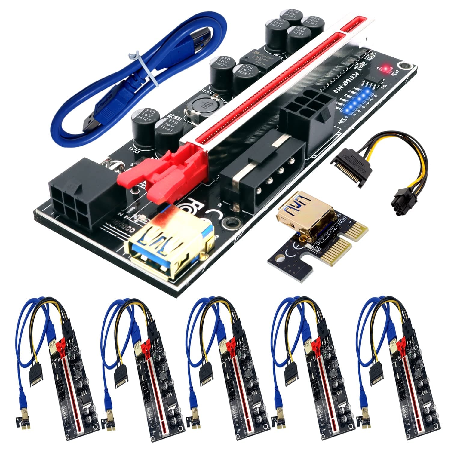 6 Pack PCI-E Riser 010S GPU Riser Adapter Card PCI-Express 1X to 16X Riser Card with 8 Solid Capacitors for Bitcoin Ethereum Mining
