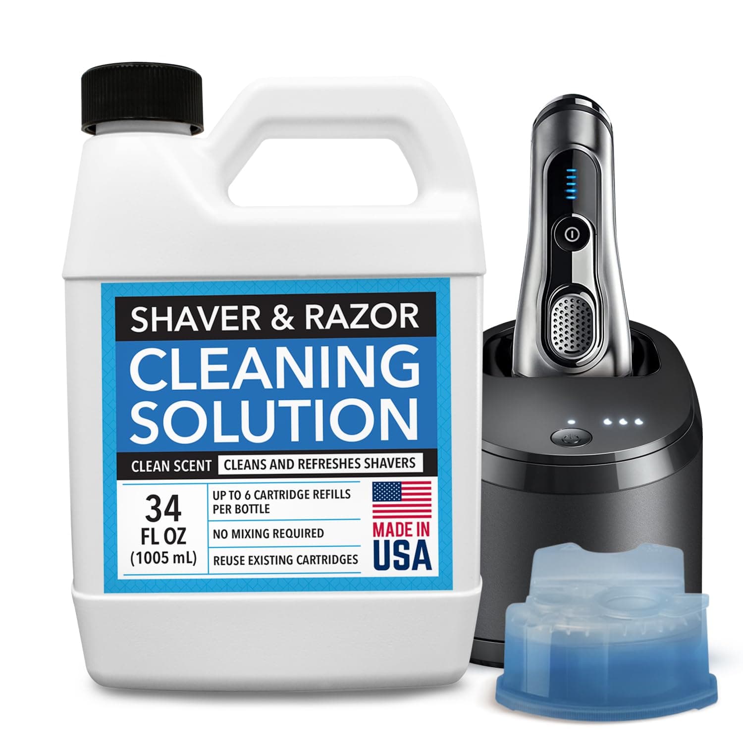 Shaver & Razor Cleaning Solution - 34 Fl Oz Liquid Refill - Compatible with Braun Clean & Renew Series 3, 7 & 9 Cartridges - Scent-Free Shaver Cleaning Liquid
