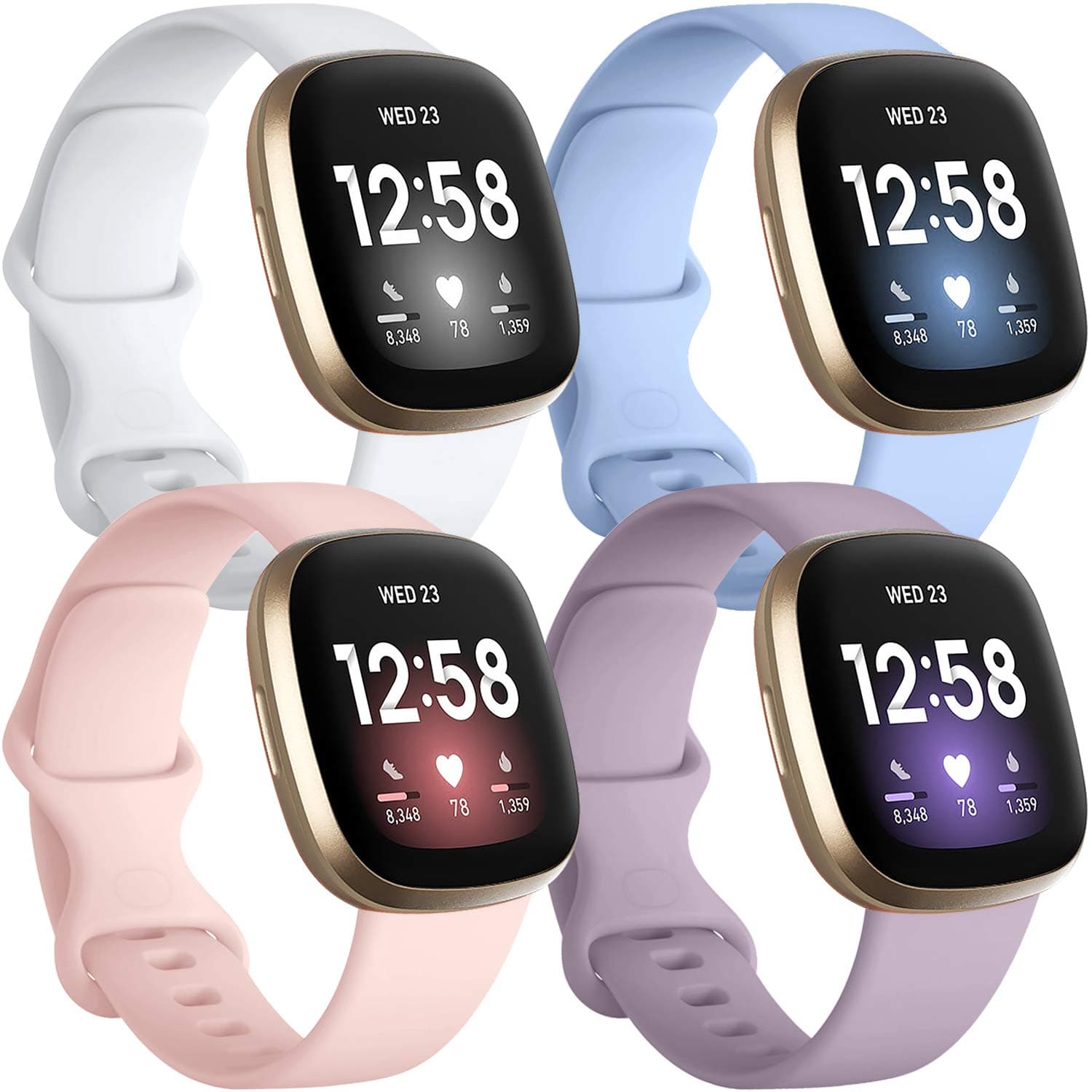 Getino Compatible with Fitbit Sense/Sense 2 Bands/Versa 3/ Versa 4 Bands Women Men, Silicone Sport Accessories, Band for Fitbit Sense/Sense 2/ Versa 4/ Versa 3, Small Lilac/Pink/Lavender/White