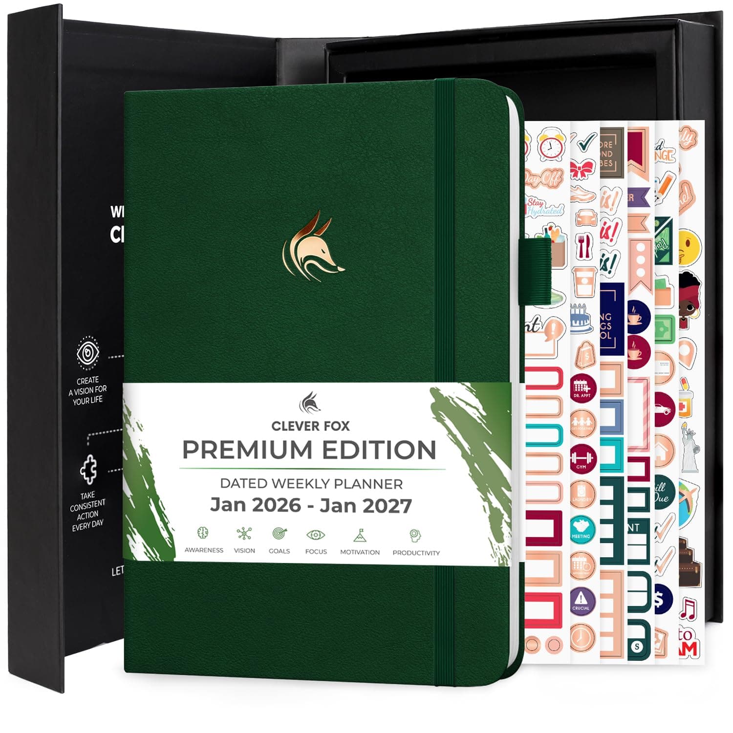 Clever Fox Dated Planner Premium 2026 – Weekly Agenda for Planning & Time Management –Notebook with Habit Tracker & To-do List (Forest Green)