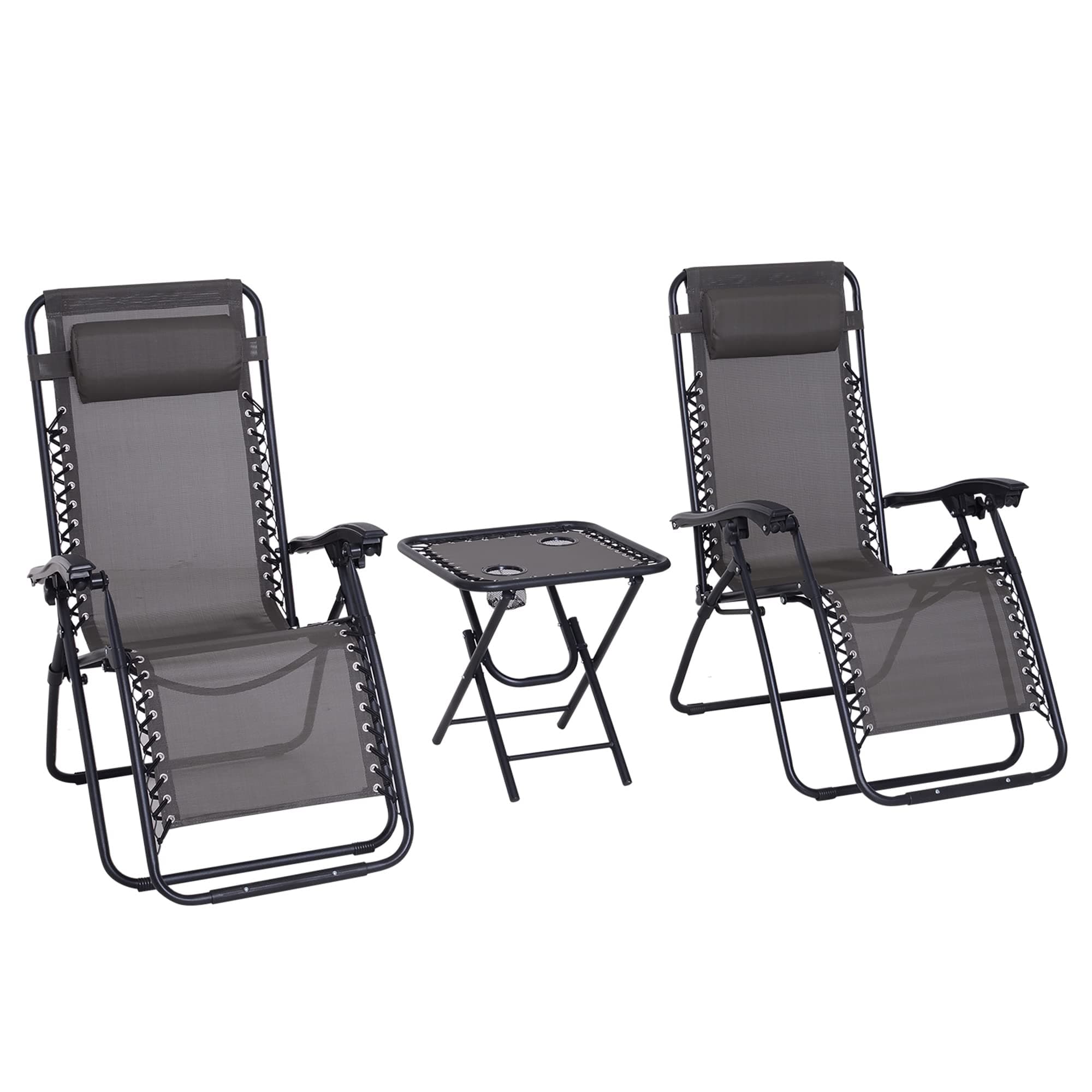Outsunny Folding Zero Gravity Chairs, 3 Pieces Adjustable Sun Lounger and Table Set with Cup Holder and Headrest, Patio Bistro Set with Reclining Garden Chairs for Outdoor, Dark Grey