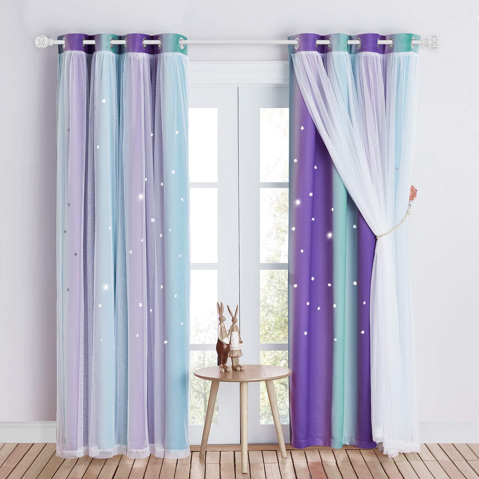 NICETOWN Blackout Curtains with Net Panel Fronts – Double Drape Decoration for Children's Rooms with Star Perforations, Light Blocking, Elegant – Size 132 x 213 cm (W x H), Blue and Purple, 2 Pieces