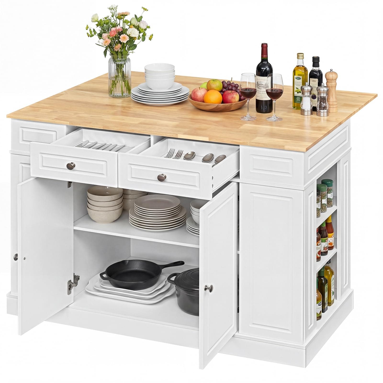 48" Stationary Kitchen Island with Drop Leaf, Rubber Wood Top Butcher Block Island Table with 2 Drawers, Cabinet & Adjustable Shelf, Multipurpose Kitchen Cart for Dining Room, Living Room & Bar