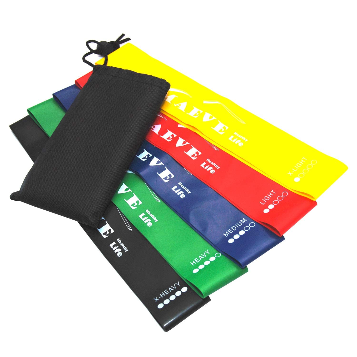 Maeve Resistance Training Bands Loops 5 Set | Durable Latex, Elastic, Flat & Non Slip | Full Body Workout, Improve Strength & Stamina | Legs, Arms, Squats & More, Exercise Guide Included