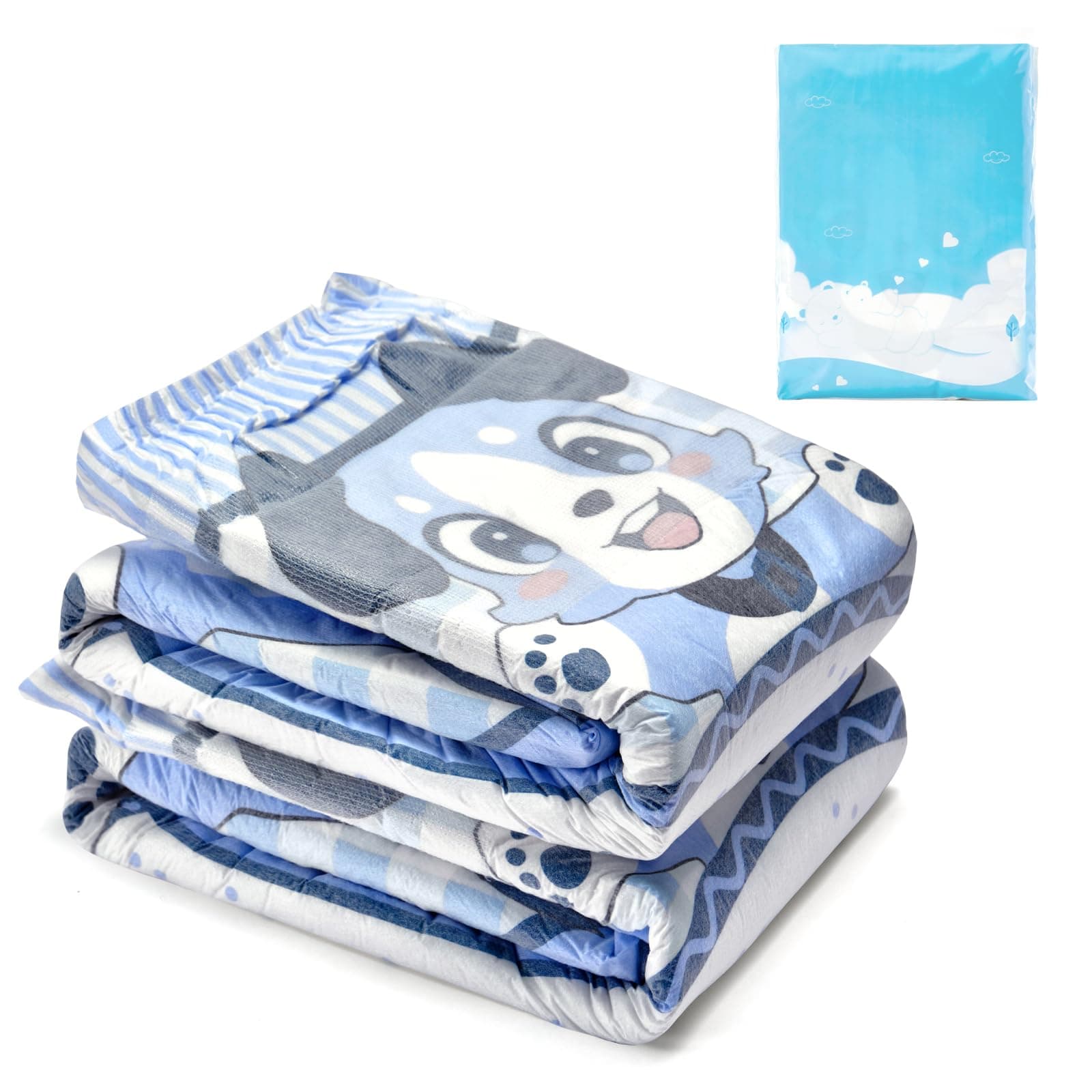 Adjustable Hook-and-Loop Fastener Closure Adult Printed Cloth Back Diaper 2 Pieces - Little Blue BabyFur (X-Large 48"-56")