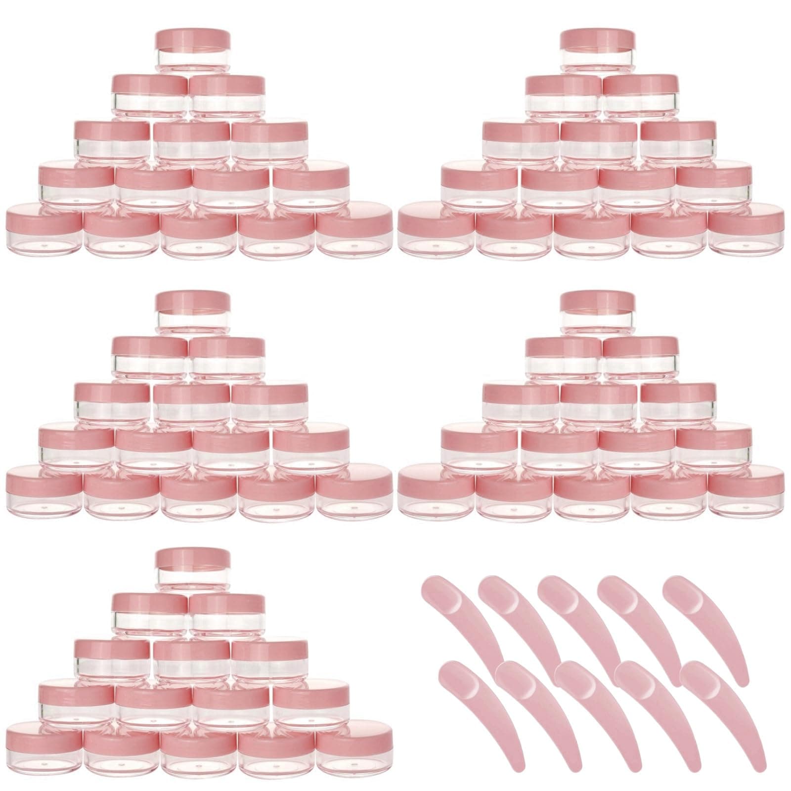 Refillable Cosmetic Sample Jars - 100 Pack 10g (0.35oz) Pink Small Travel Containers with Lids + 10 Mini Makeup Spatulas - BPA Free