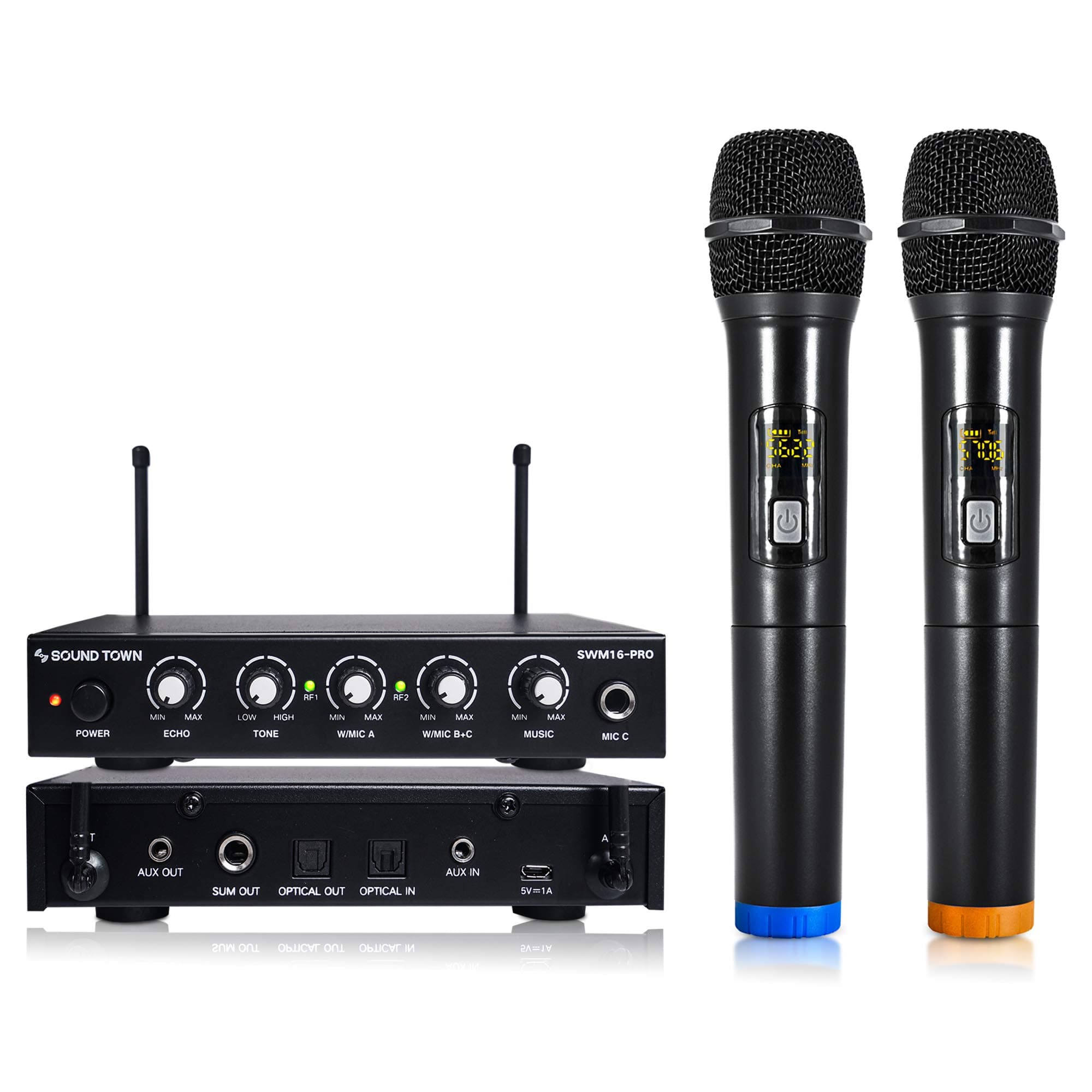 16 Channels Wireless Microphone Karaoke Mixer System with Optical (Toslink), AUX and 2 Handheld Microphones - Supports Smart TV, Home Theater, Sound Bar (SWM16-PRO)