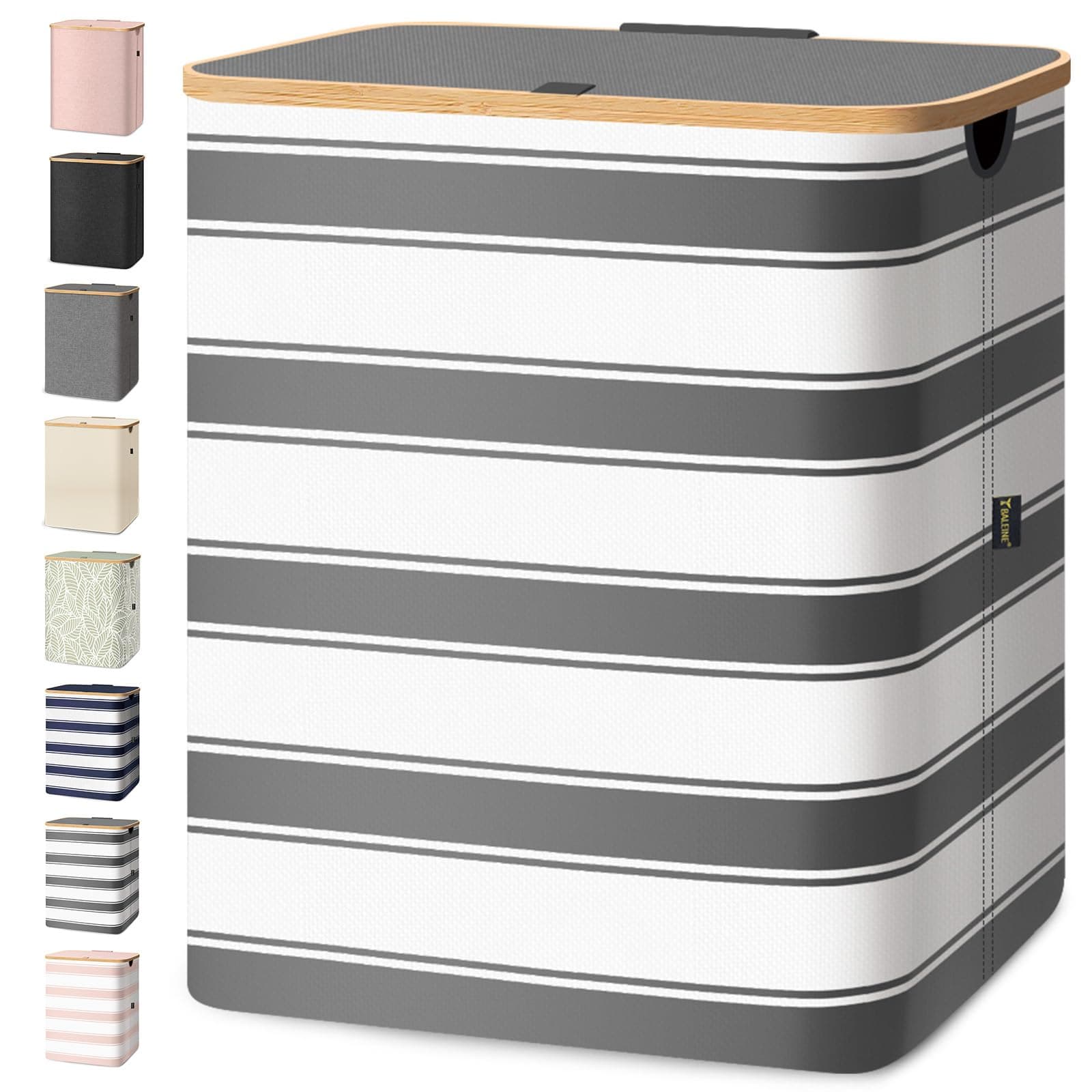 BALEINE Laundry Hamper with Lid, Tall Laundry Baskets with Bamboo Pull Handles, Large Laundry Bin with Internal Support (36 Gal/140L, Grey Stripe)