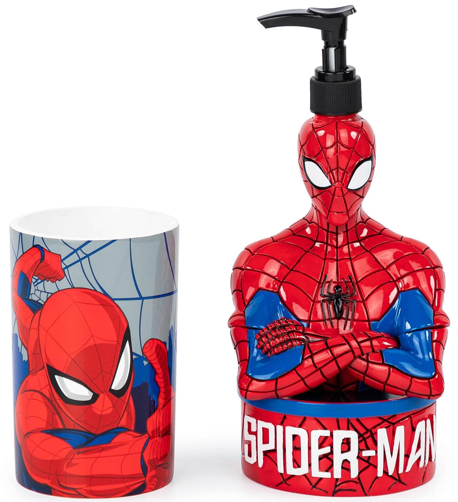 Marvel Spiderman 2-Piece Bathroom Set - Red and Blue Soap Dispenser and Cup Set - Superhero Resin Kids Bathroom Accessories