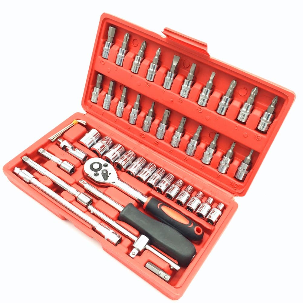 Socket Wrench Set Ratchet Sets Mechanic Tools Kit Bit Sockets for Automotive Repair & Household,Metric,1/4-Inch Drive 46-Piece