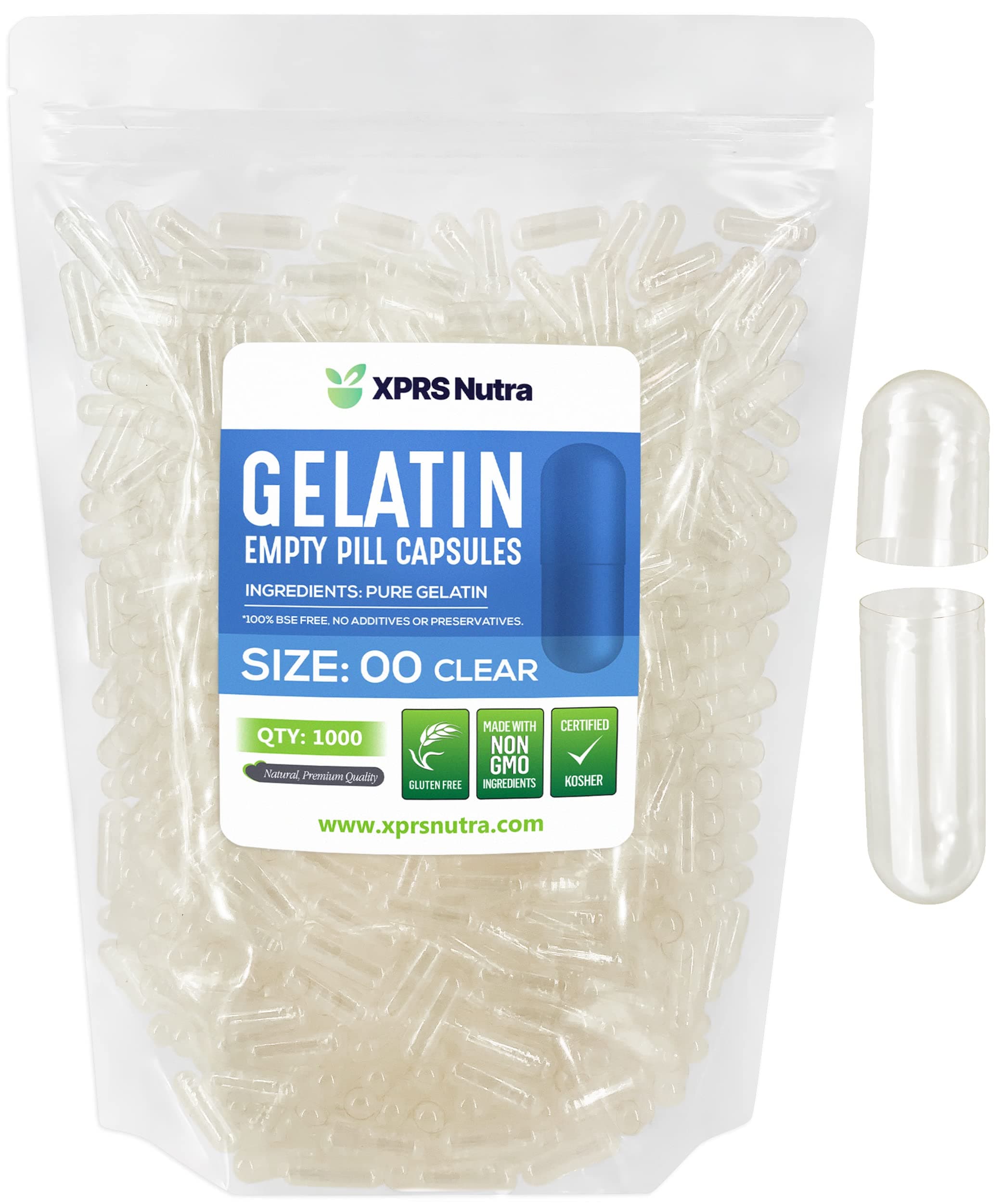 XPRS Nutra Size 00 Empty Capsules - 1000 Count Joined Empty Gelatin Capsules - DIY Capsule Filling - Fillable Pill Gel Caps for Do-It-Yourself Supplements Fill These Gelcaps Yourself (Clear)