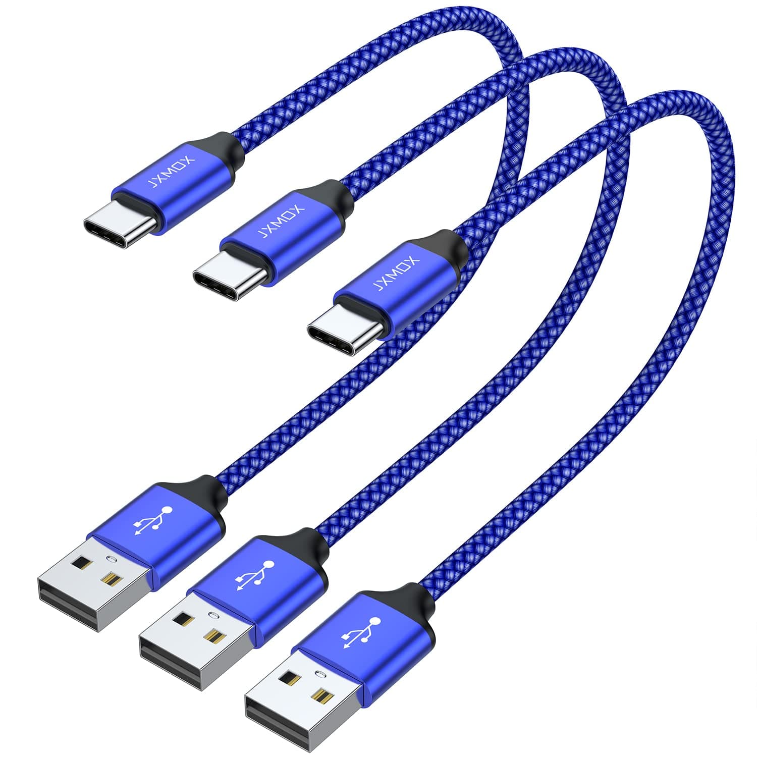 Short USB C Cable (1ft 3-Pack), USB A to Type-C Charger Cord 3.1A Fast Charging Compatible with iPhone 15 16 Pro Max, Samsung Galaxy S22 S21 S20 S10 S9, Note 10, A80 A70 A50, Power Bank (Blue)